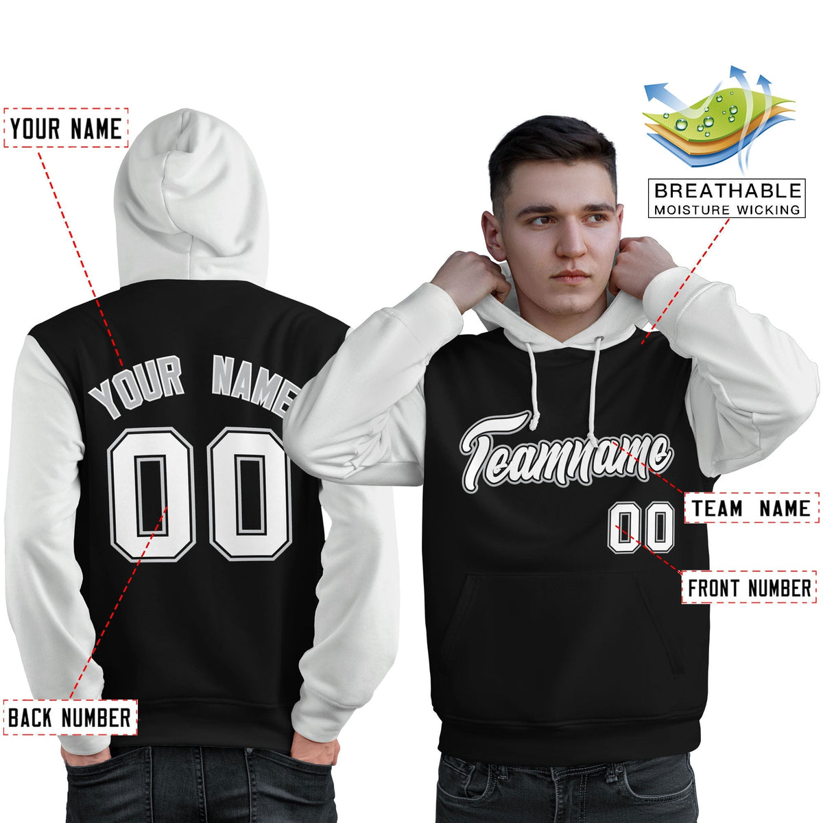 Custom Black White-Gray Raglan Sleeves Pullover Personalized Sweatshirt Hoodie| KXKSHOP