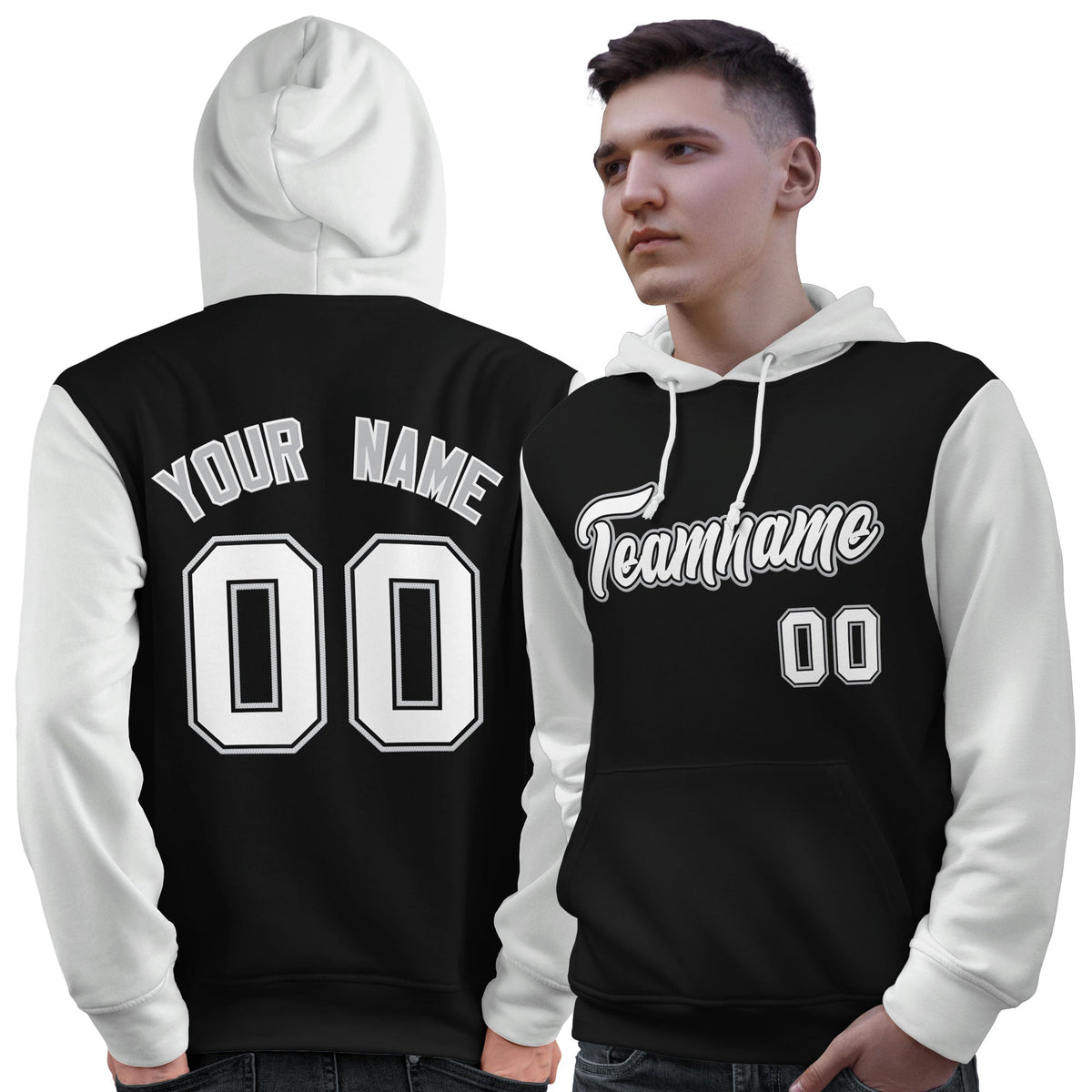 Custom Black White-Gray Raglan Sleeves Pullover Personalized Sweatshirt Hoodie| KXKSHOP
