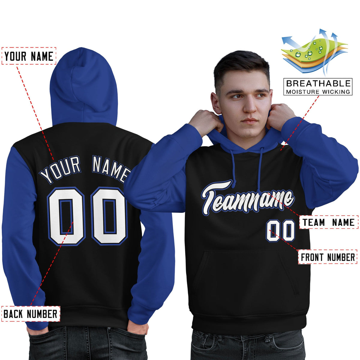 Custom Black White-Royal Raglan Sleeves Pullover Personalized Sweatshirt Hoodie| KXKSHOP