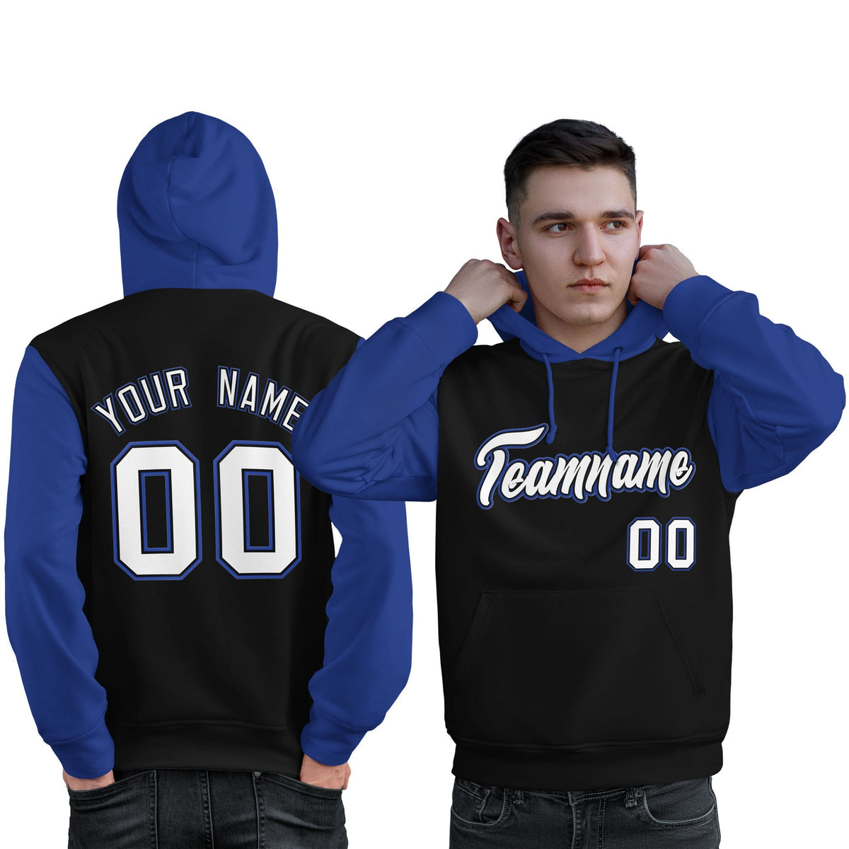 Custom Black White-Royal Raglan Sleeves Pullover Personalized Sweatshirt Hoodie| KXKSHOP