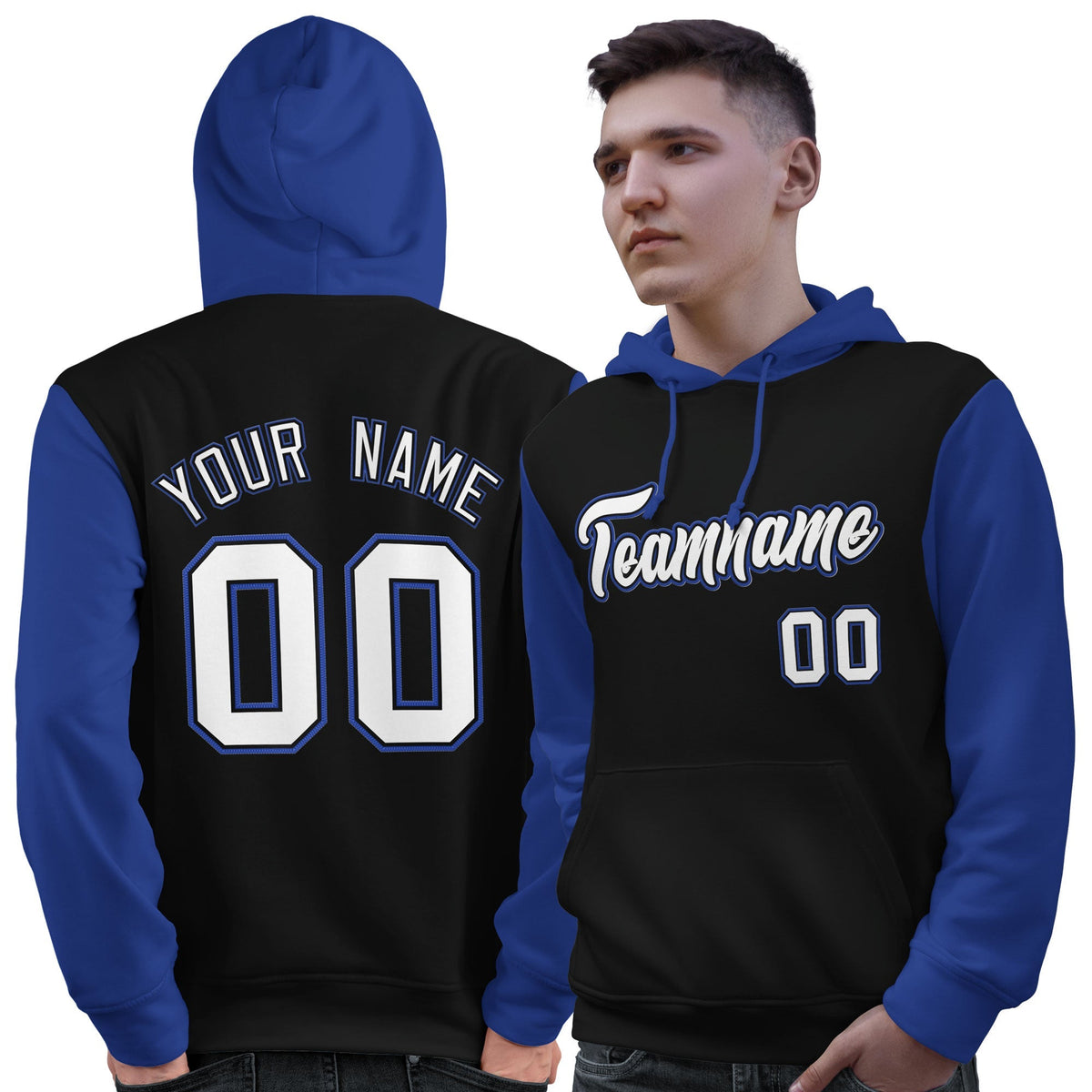 Custom Black White-Royal Raglan Sleeves Pullover Personalized Sweatshirt Hoodie| KXKSHOP