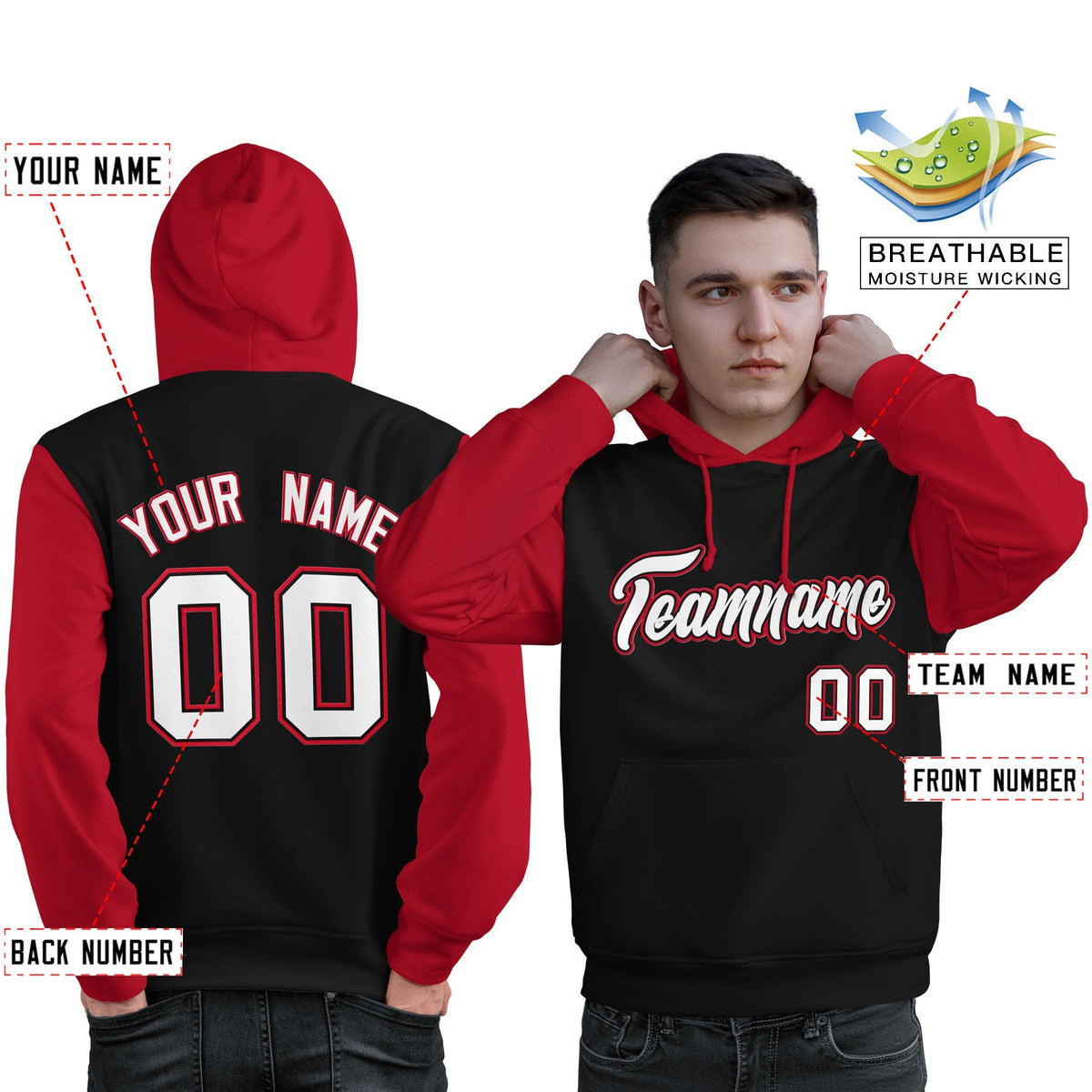 Custom Black White-Red Raglan Sleeves Pullover Personalized Sweatshirt Hoodie| KXKSHOP