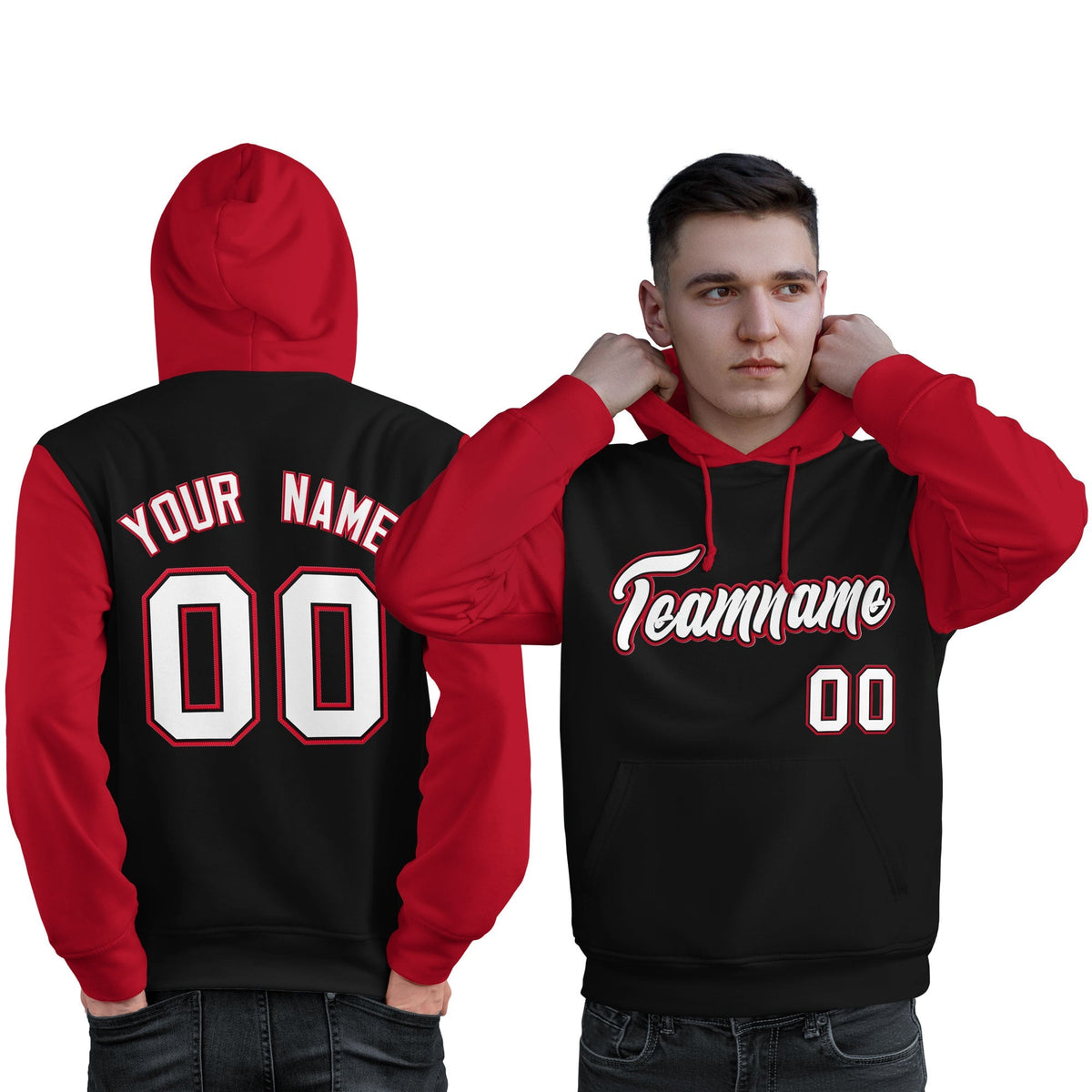 Custom Black White-Red Raglan Sleeves Pullover Personalized Sweatshirt Hoodie| KXKSHOP