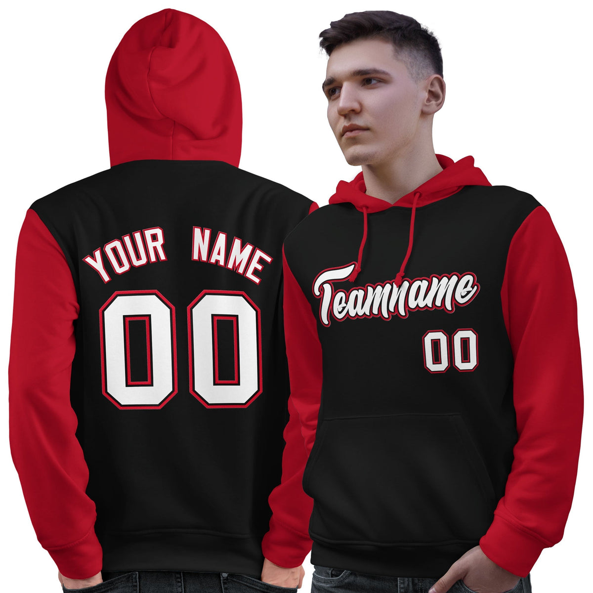 Custom Black White-Red Raglan Sleeves Pullover Personalized Sweatshirt Hoodie| KXKSHOP