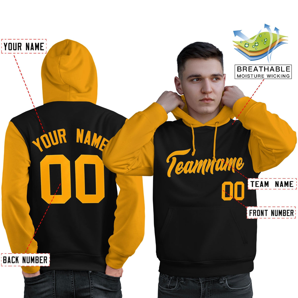Custom Black Gold Raglan Sleeves Pullover Personalized Sweatshirt Hoodie| KXKSHOP