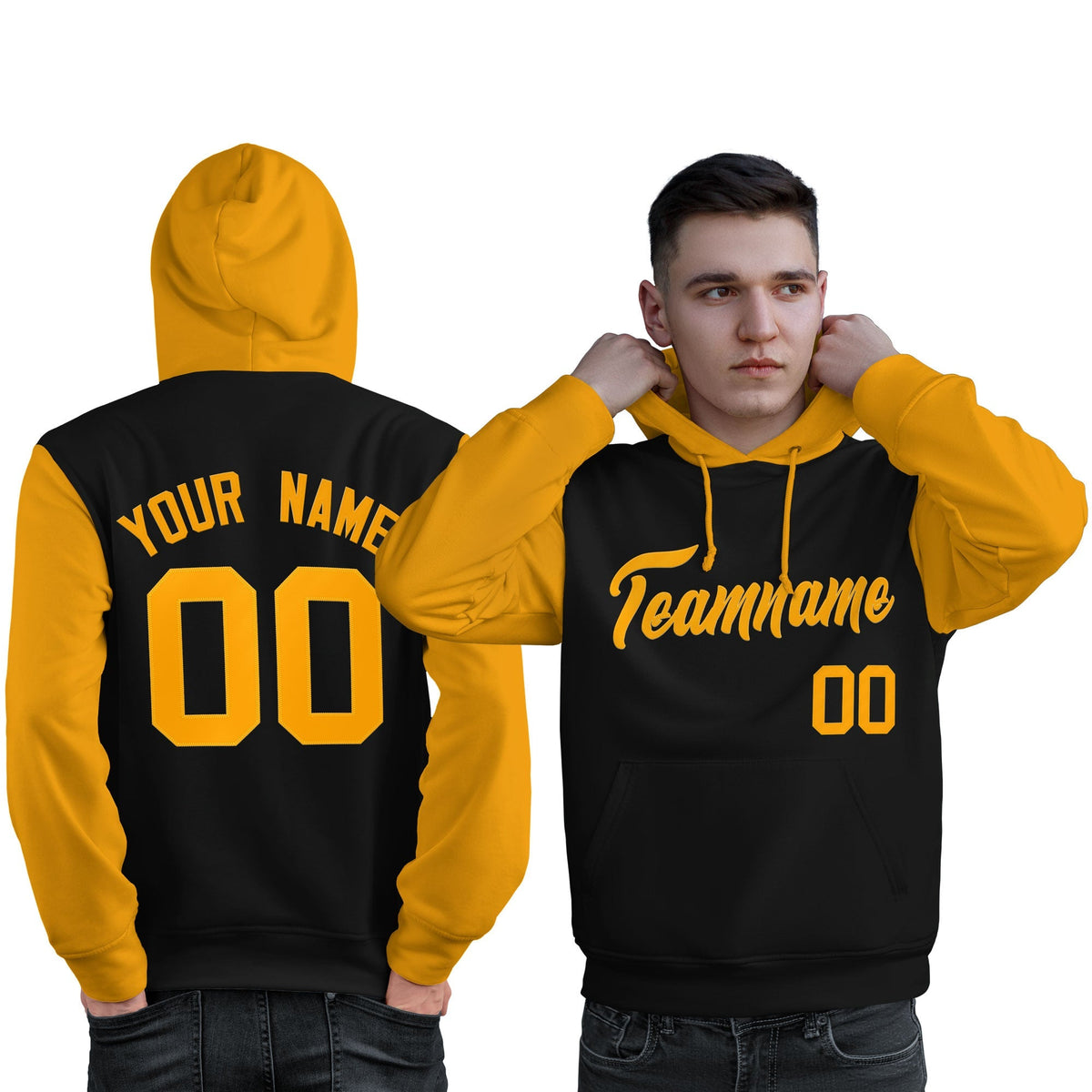 Custom Black Gold Raglan Sleeves Pullover Personalized Sweatshirt Hoodie| KXKSHOP