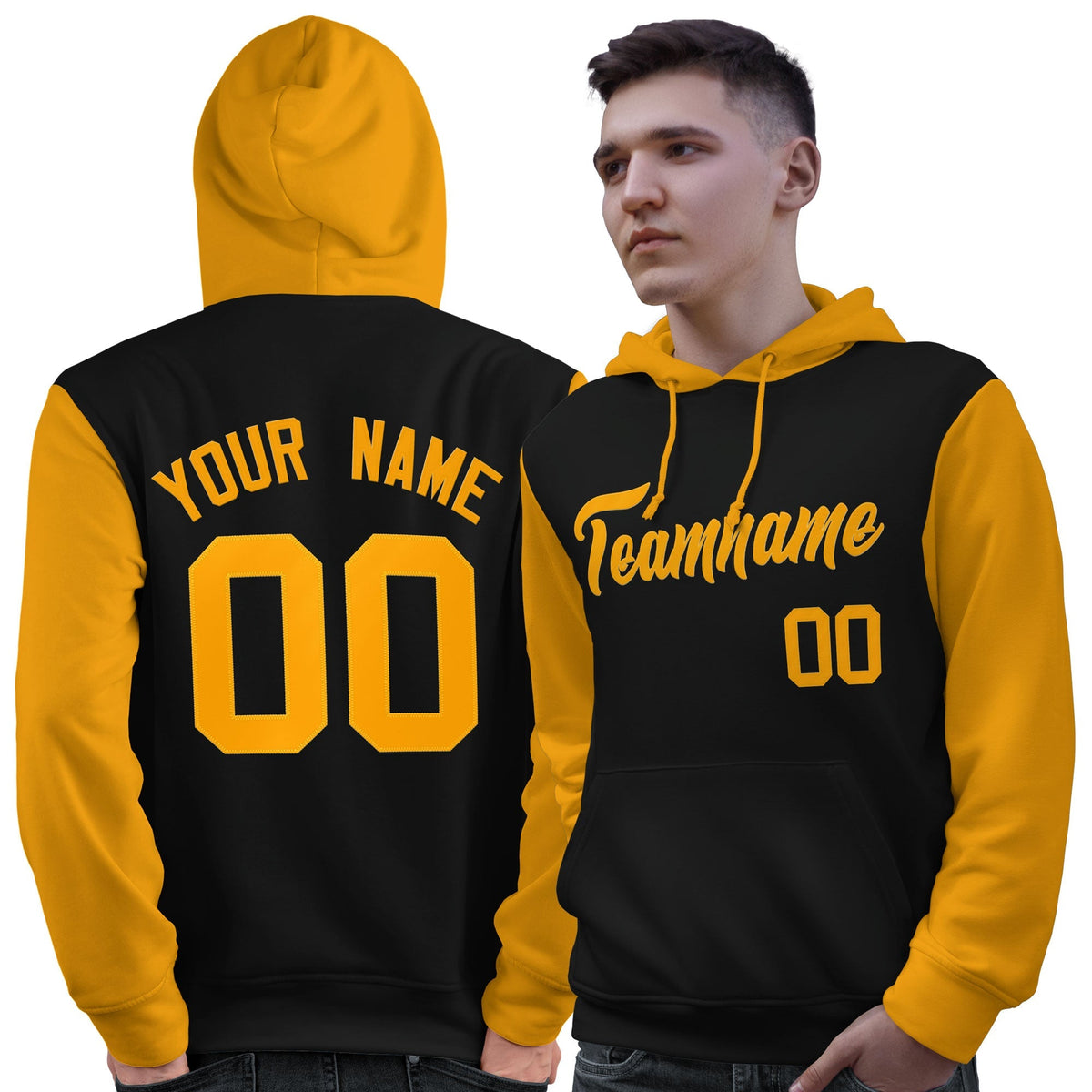 Custom Black Gold Raglan Sleeves Pullover Personalized Sweatshirt Hoodie| KXKSHOP