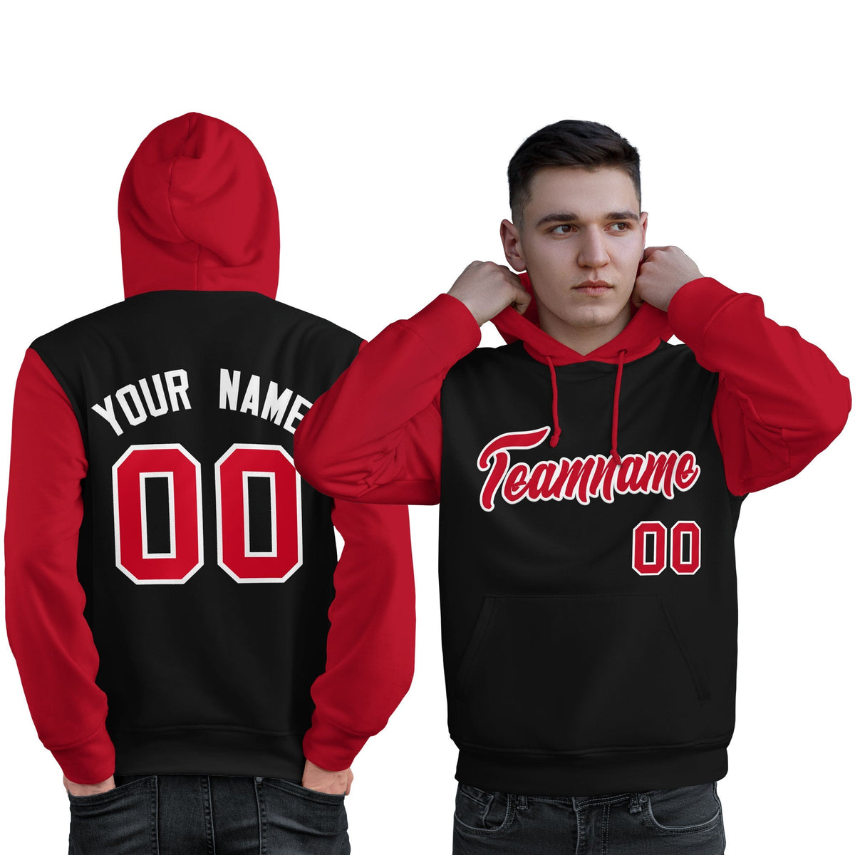 Custom Black Red-White Raglan Sleeves Pullover Personalized Sweatshirt Hoodie| KXKSHOP
