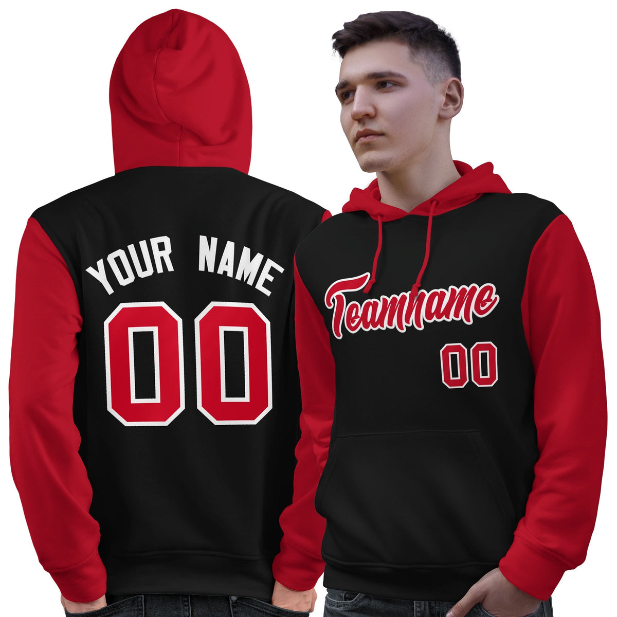 Custom Black Red-White Raglan Sleeves Pullover Personalized Sweatshirt Hoodie| KXKSHOP