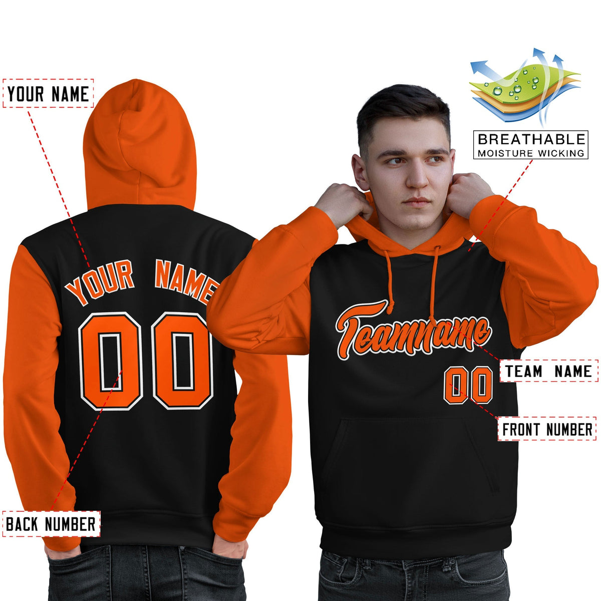 Custom Black Orange-White Raglan Sleeves Pullover Personalized Sweatshirt Hoodie| KXKSHOP