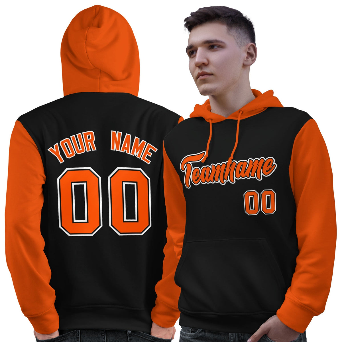 Custom Black Orange-White Raglan Sleeves Pullover Personalized Sweatshirt Hoodie| KXKSHOP