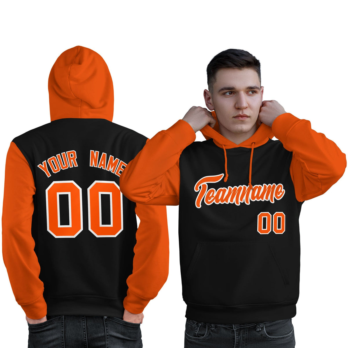 Custom Black Orange-White Raglan Sleeves Pullover Personalized Sweatshirt Hoodie| KXKSHOP