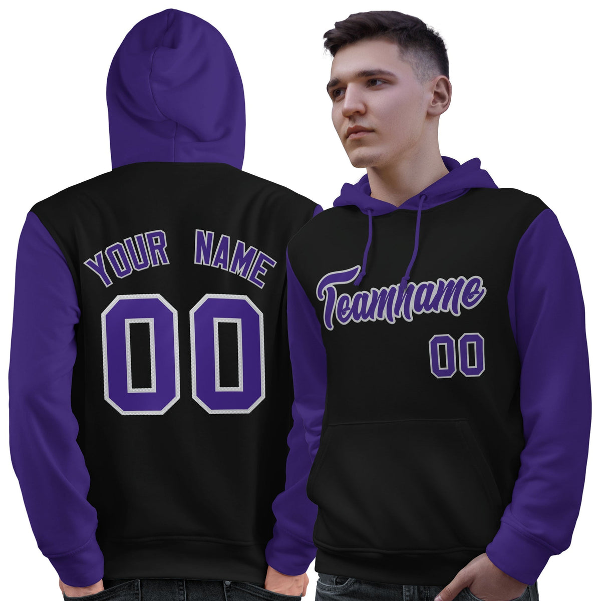 Custom Black Purple-Gray Raglan Sleeves Pullover Personalized Sweatshirt Hoodie| KXKSHOP
