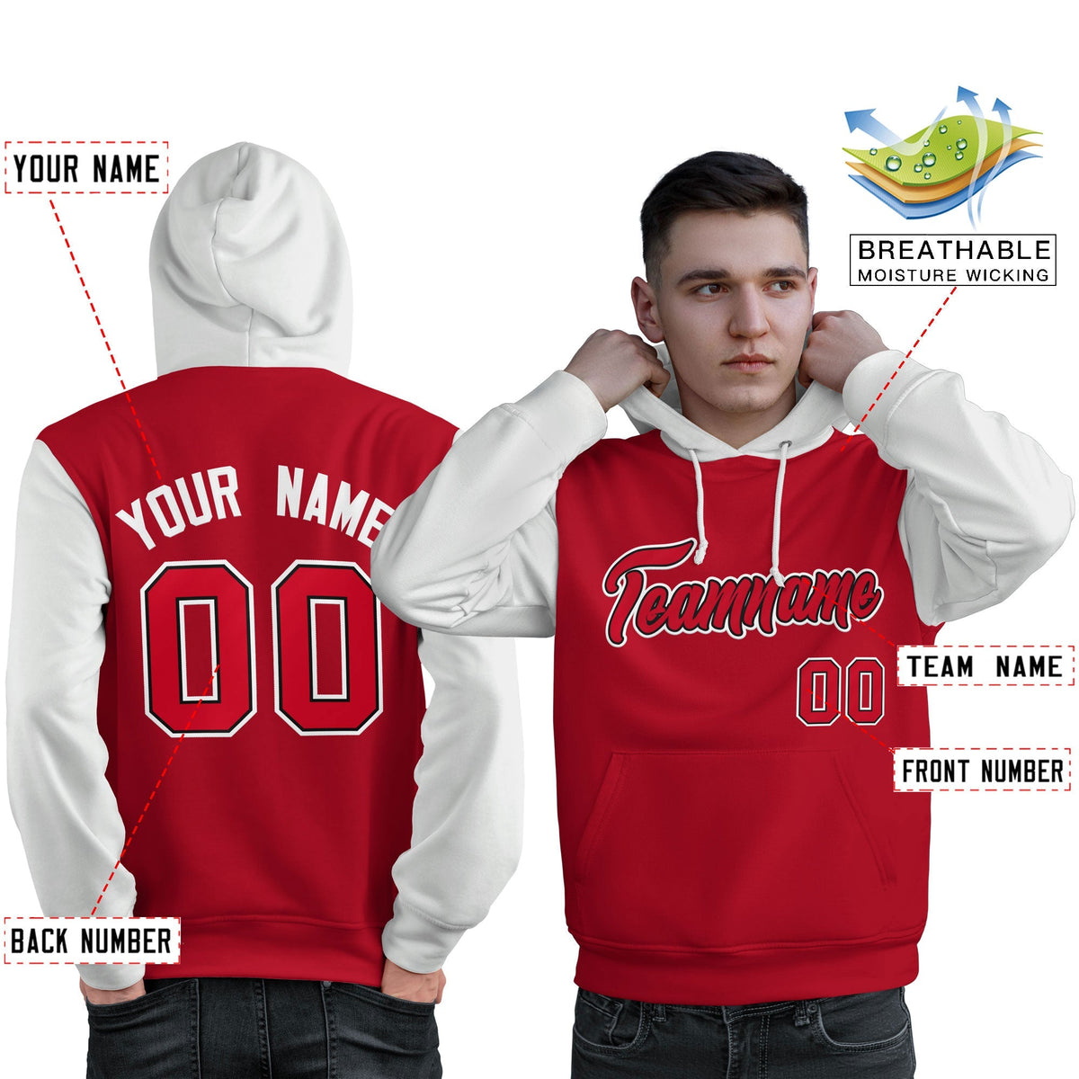 Custom Red Black-White Raglan Sleeves Pullover Personalized Sweatshirt Hoodie| KXKSHOP