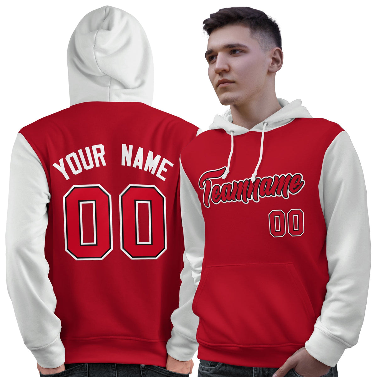 Custom Red Black-White Raglan Sleeves Pullover Personalized Sweatshirt Hoodie| KXKSHOP