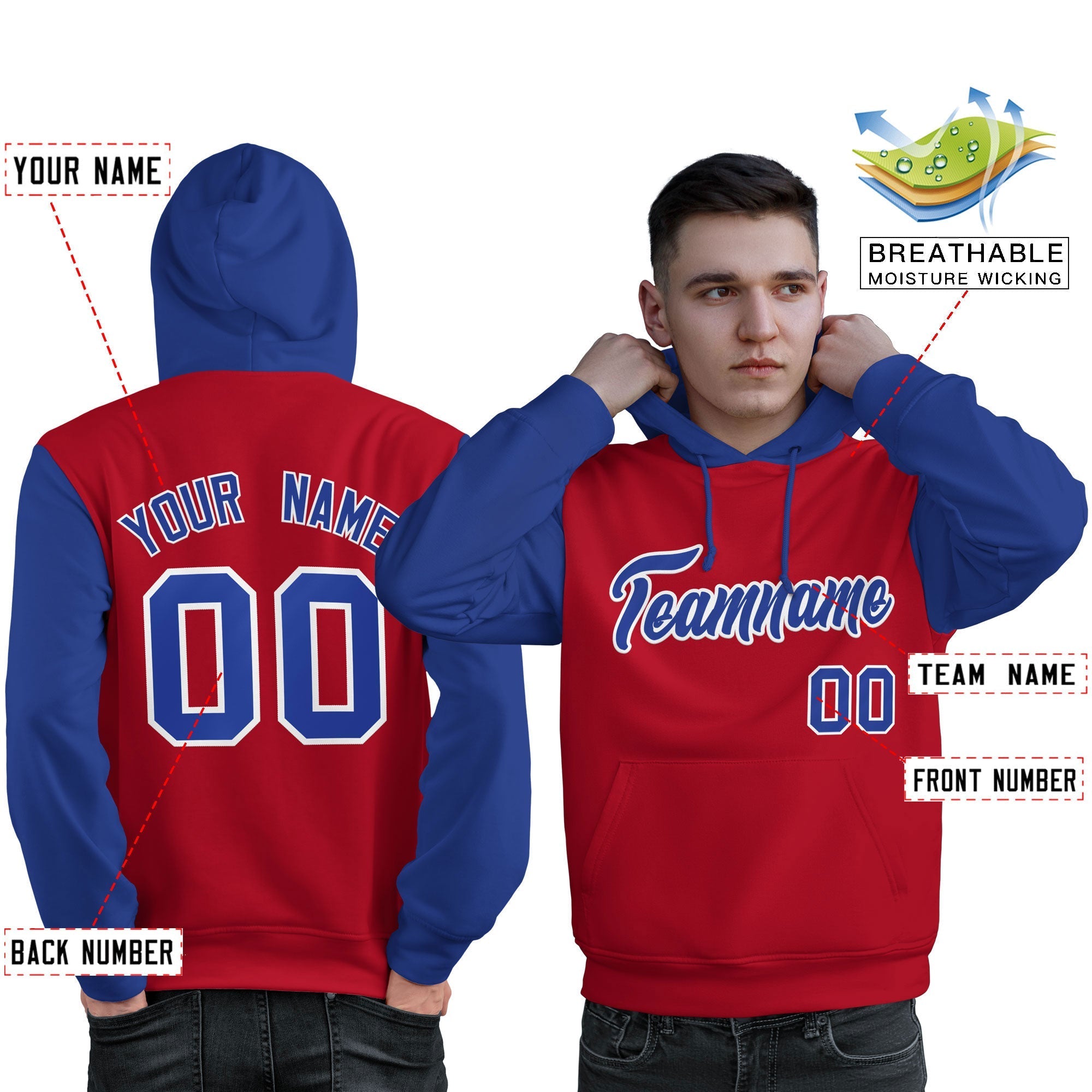 Custom Red Royal-White Raglan Sleeves Pullover Personalized Sweatshirt Hoodie| KXKSHOP