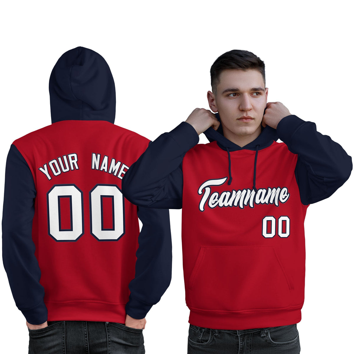 Custom Red White-Navy Raglan Sleeves Pullover Personalized Sweatshirt Hoodie| KXKSHOP