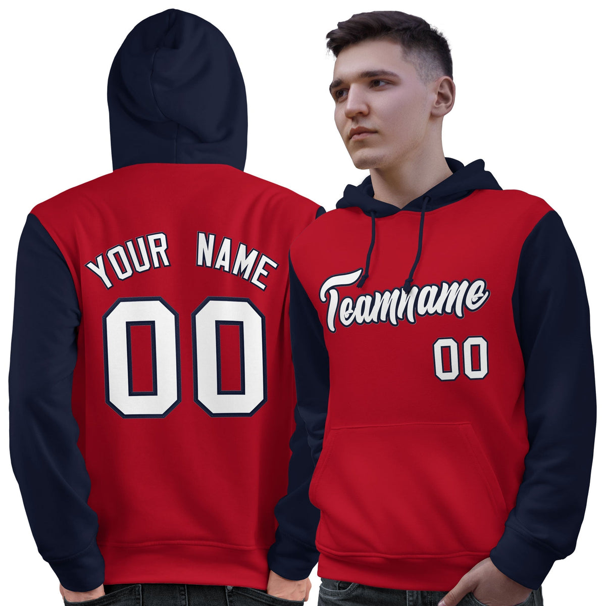 Custom Red White-Navy Raglan Sleeves Pullover Personalized Sweatshirt Hoodie| KXKSHOP