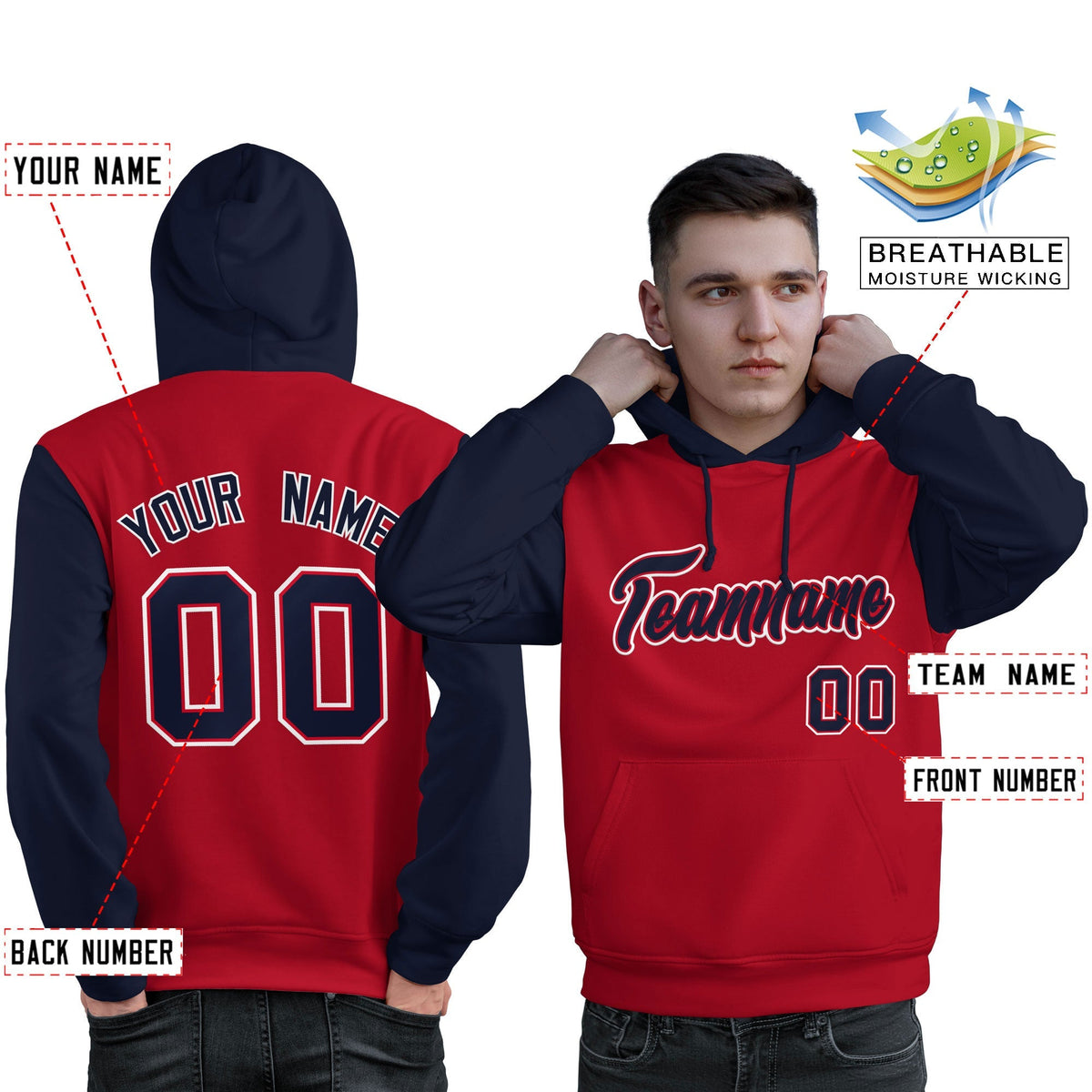 Custom Red Navy-White Raglan Sleeves Pullover Personalized Sweatshirt Hoodie| KXKSHOP