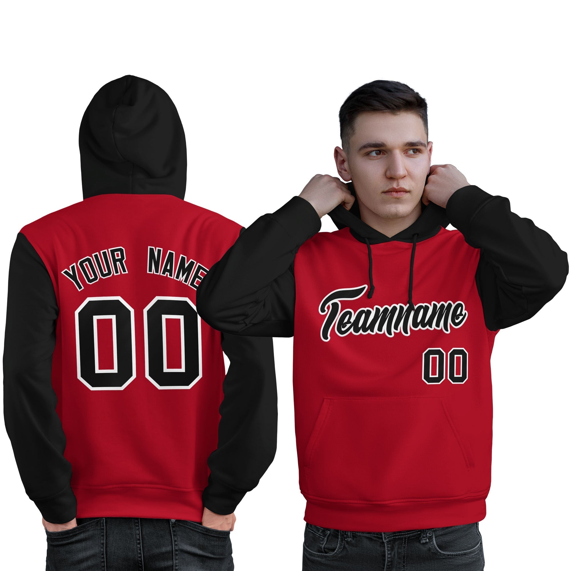 Custom Red Black-White Raglan Sleeves Pullover Personalized Sweatshirt Hoodie| KXKSHOP