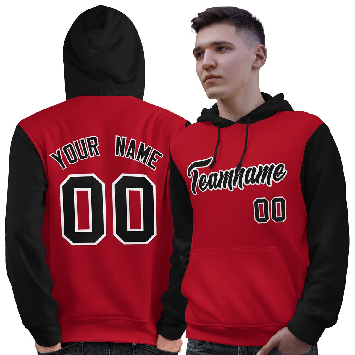 Custom Red Black-White Raglan Sleeves Pullover Personalized Sweatshirt Hoodie| KXKSHOP