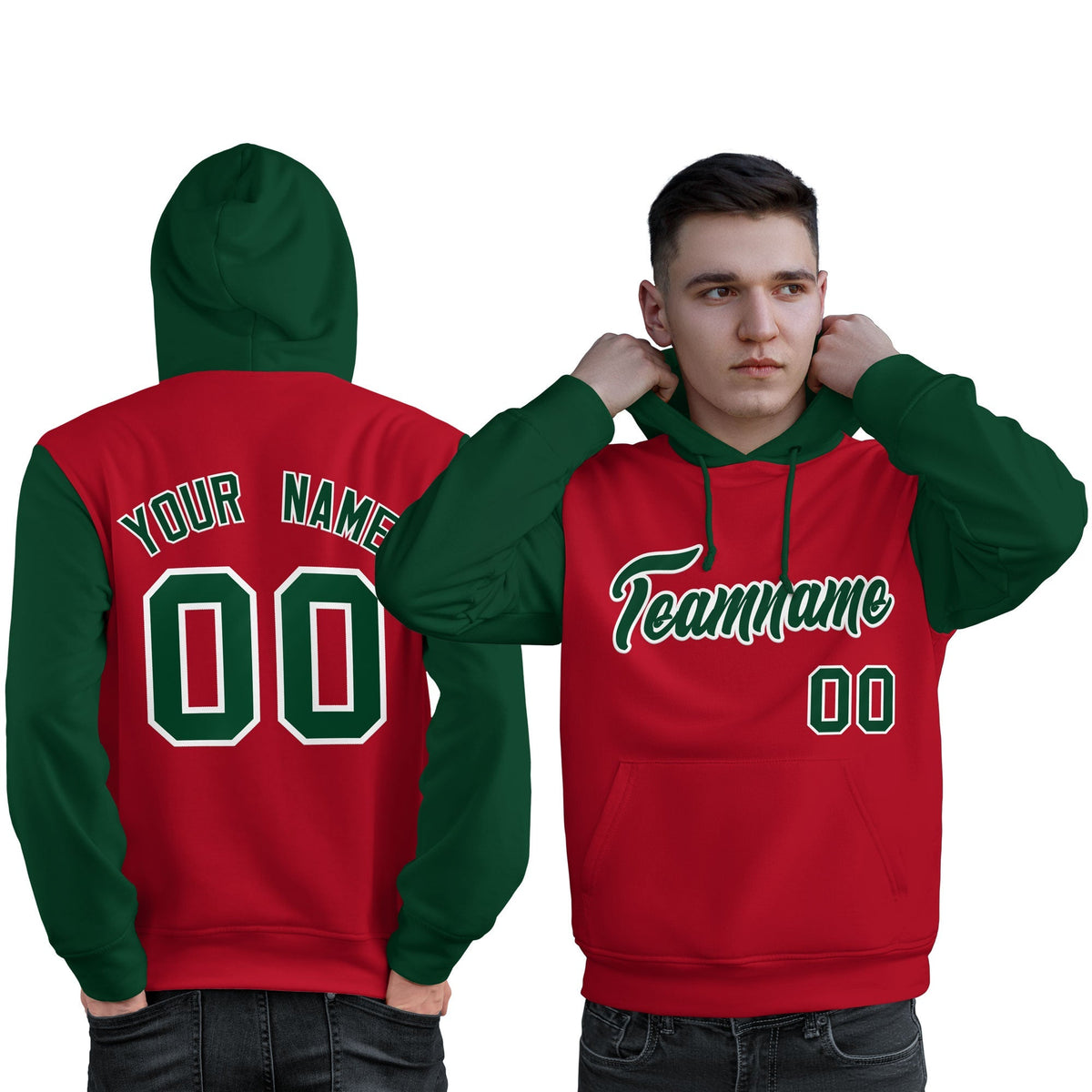 Custom Red Green-White Raglan Sleeves Pullover Personalized Sweatshirt Hoodie| KXKSHOP
