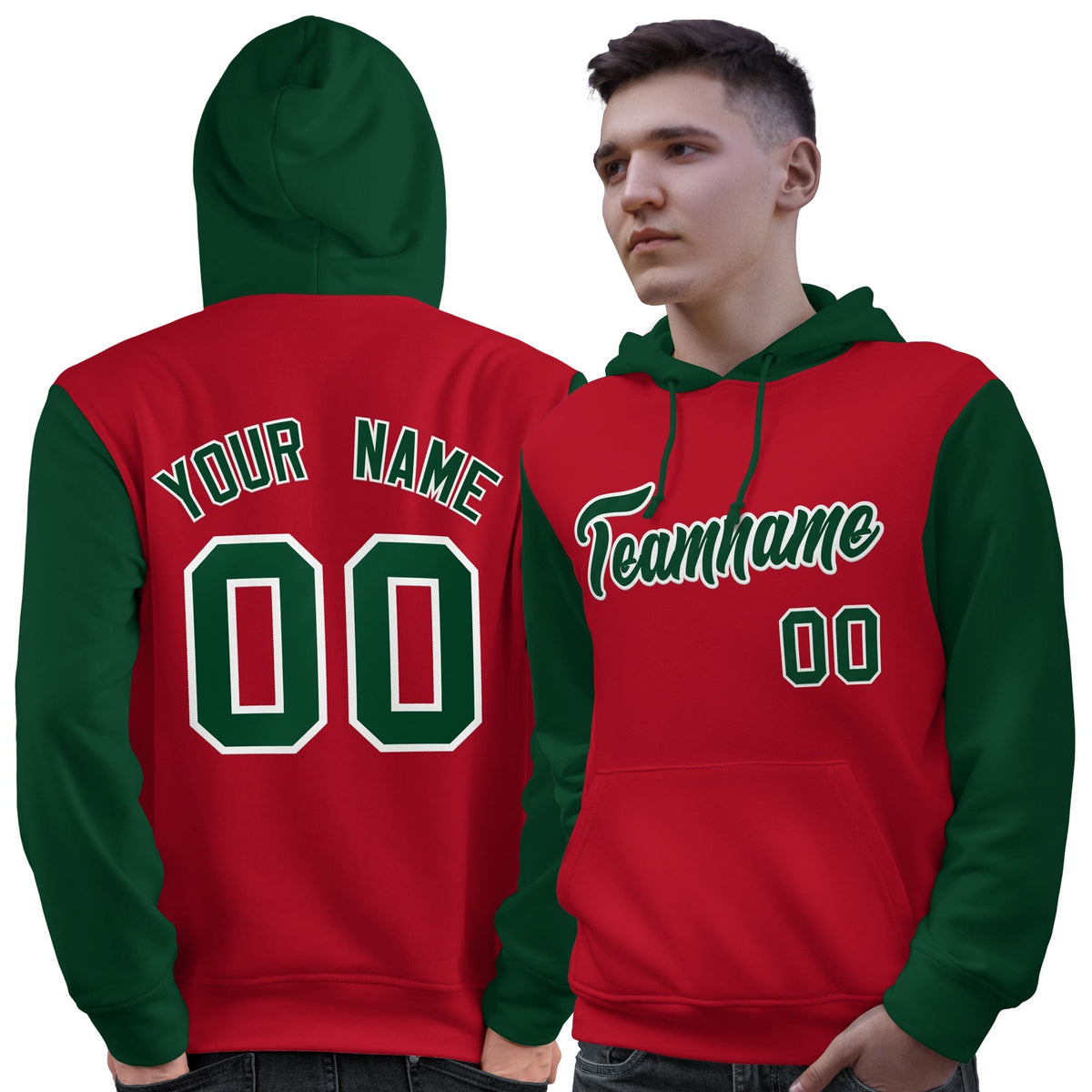Custom Red Green-White Raglan Sleeves Pullover Personalized Sweatshirt Hoodie| KXKSHOP