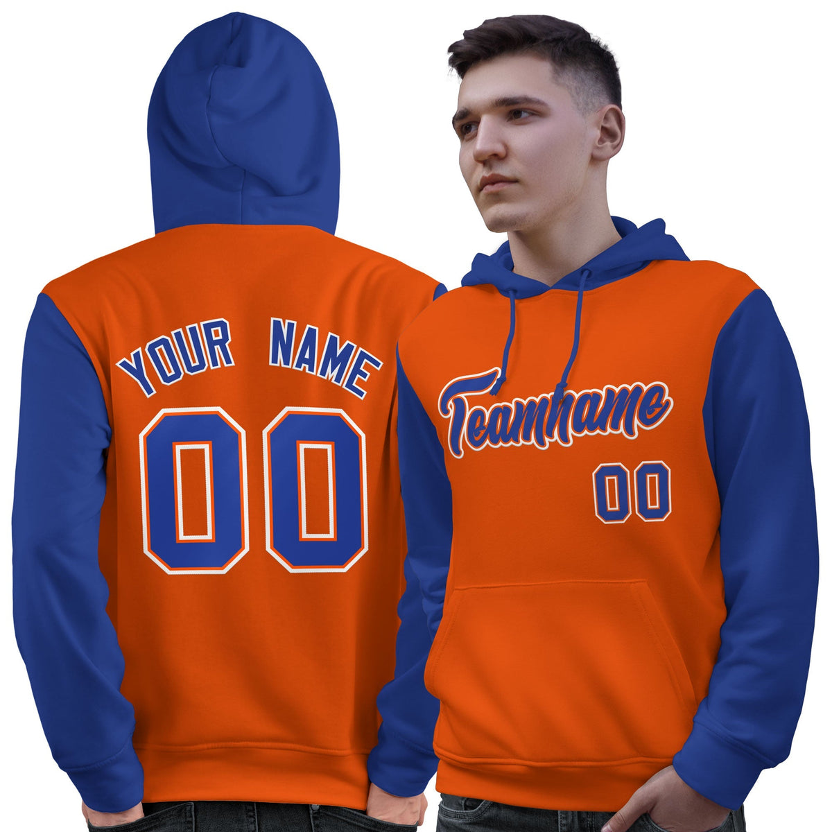 Custom Orange Royal-White Raglan Sleeves Pullover Personalized Sweatshirt Hoodie| KXKSHOP