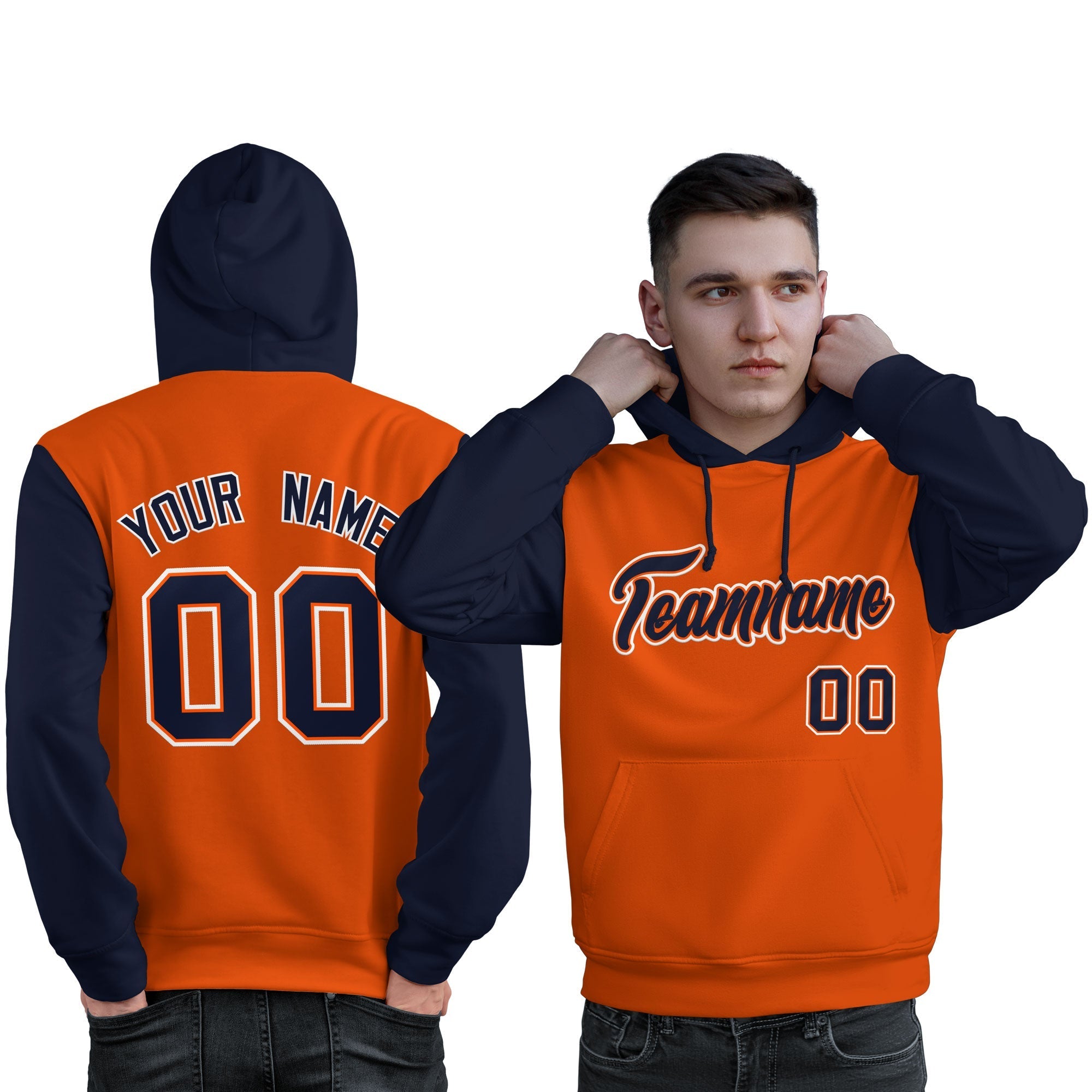 Custom Orange Navy-White Raglan Sleeves Pullover Personalized Sweatshirt Hoodie| KXKSHOP