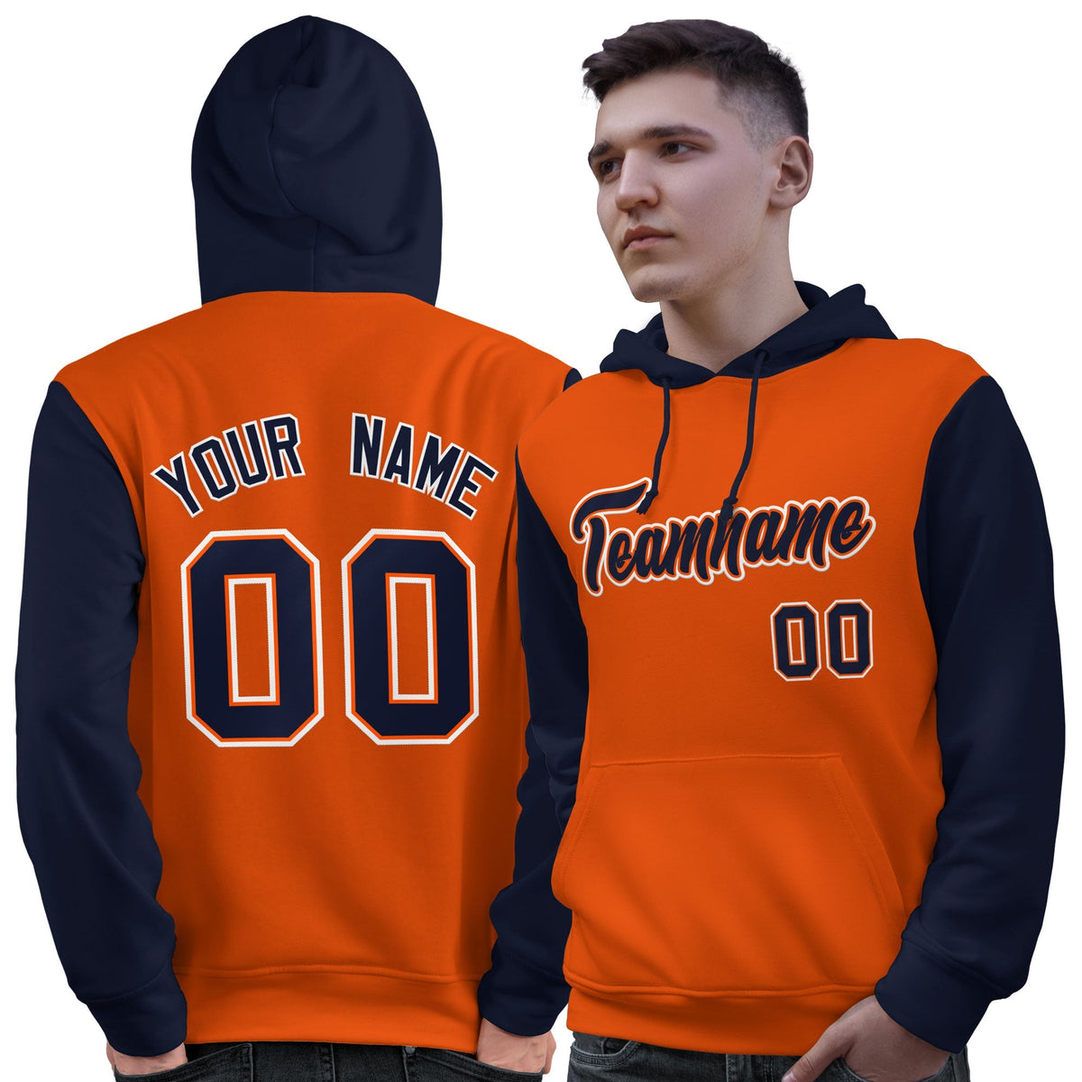 Custom Orange Navy-White Raglan Sleeves Pullover Personalized Sweatshirt Hoodie| KXKSHOP