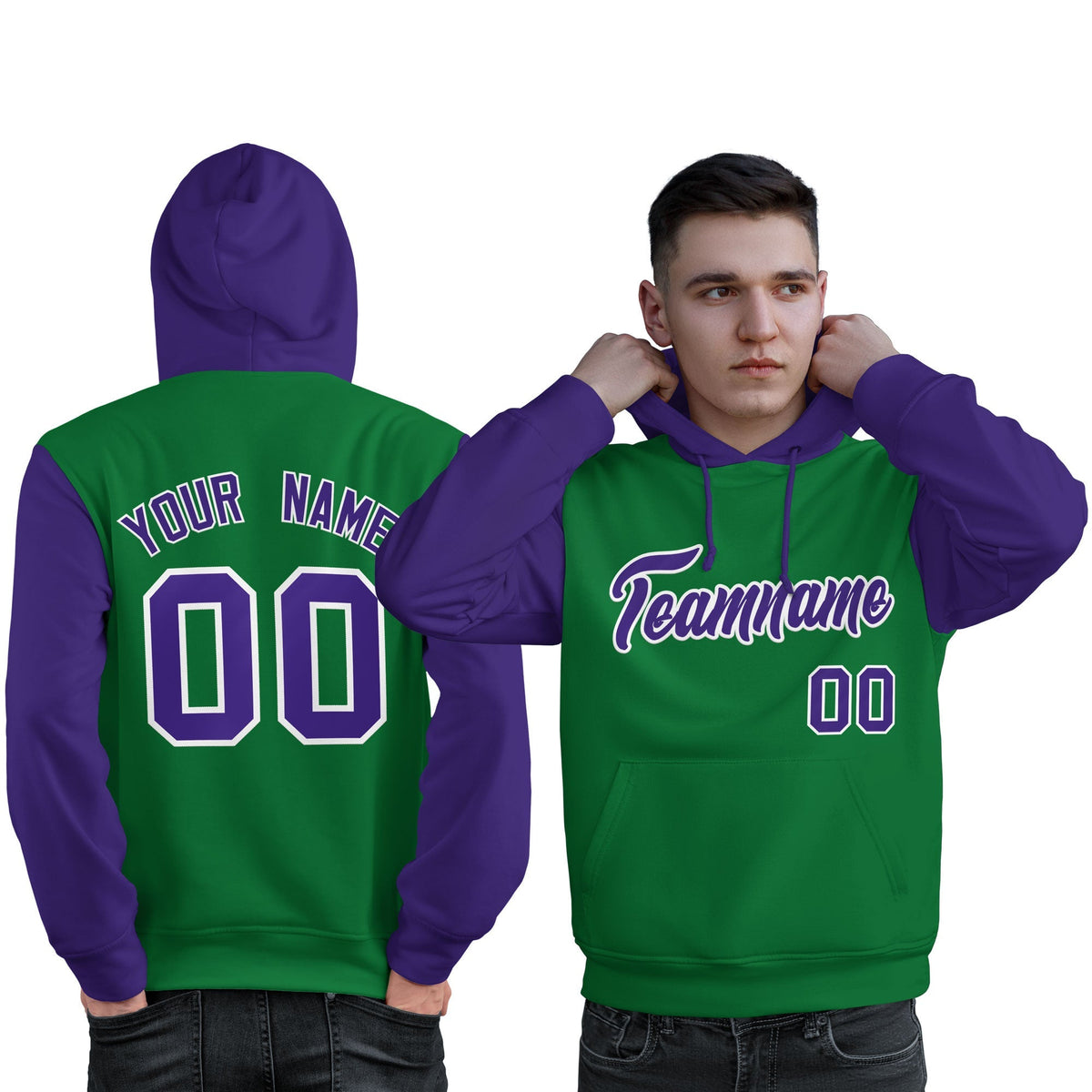Custom Kelly Green Purple-White Raglan Sleeves Pullover Personalized Sweatshirt Hoodie| KXKSHOP