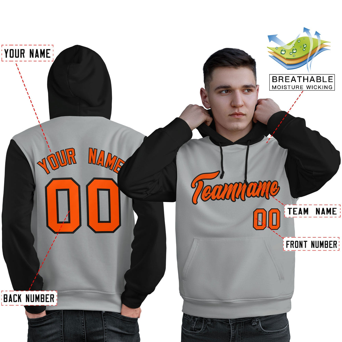 Custom Gray Orange-Black Raglan Sleeves Pullover Personalized Sweatshirt Hoodie| KXKSHOP