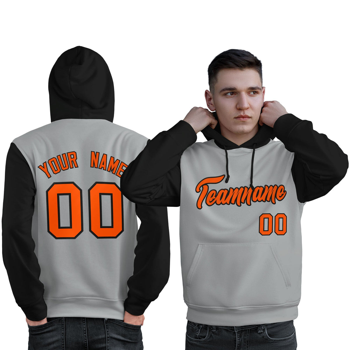 Custom Gray Orange-Black Raglan Sleeves Pullover Personalized Sweatshirt Hoodie| KXKSHOP