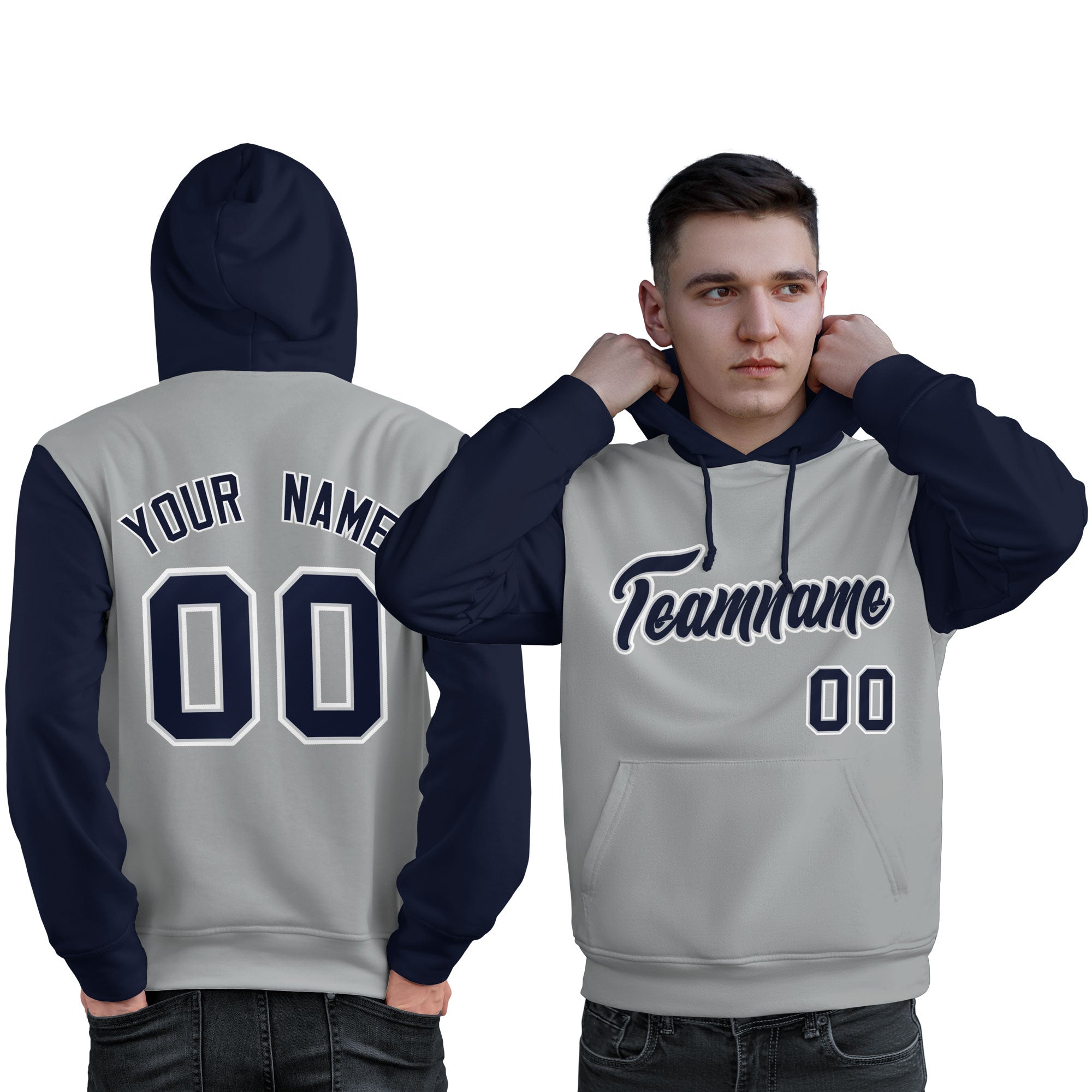 Custom Gray Navy-White Raglan Sleeves Pullover Personalized Sweatshirt Hoodie| KXKSHOP