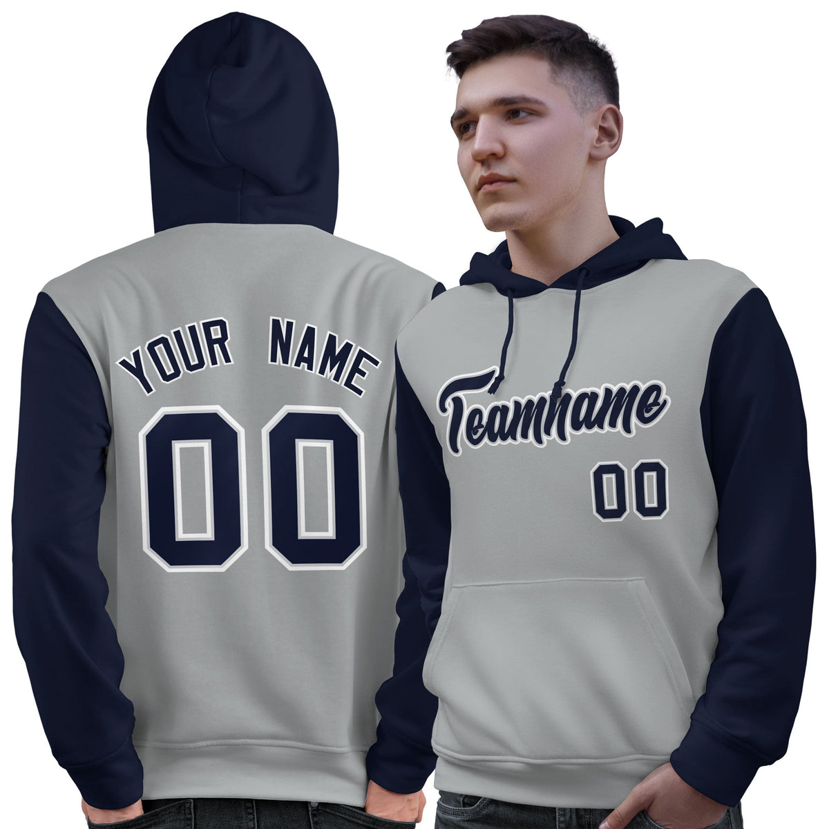 Custom Gray Navy-White Raglan Sleeves Pullover Personalized Sweatshirt Hoodie| KXKSHOP