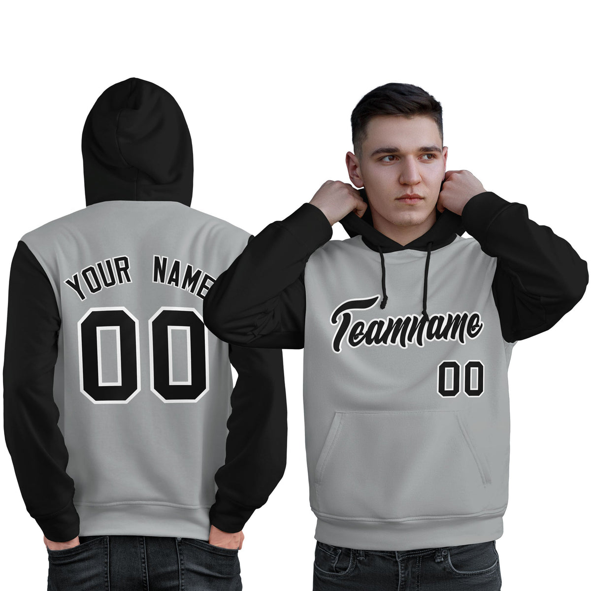Custom Gray Black-White Raglan Sleeves Pullover Personalized Sweatshirt Hoodie| KXKSHOP