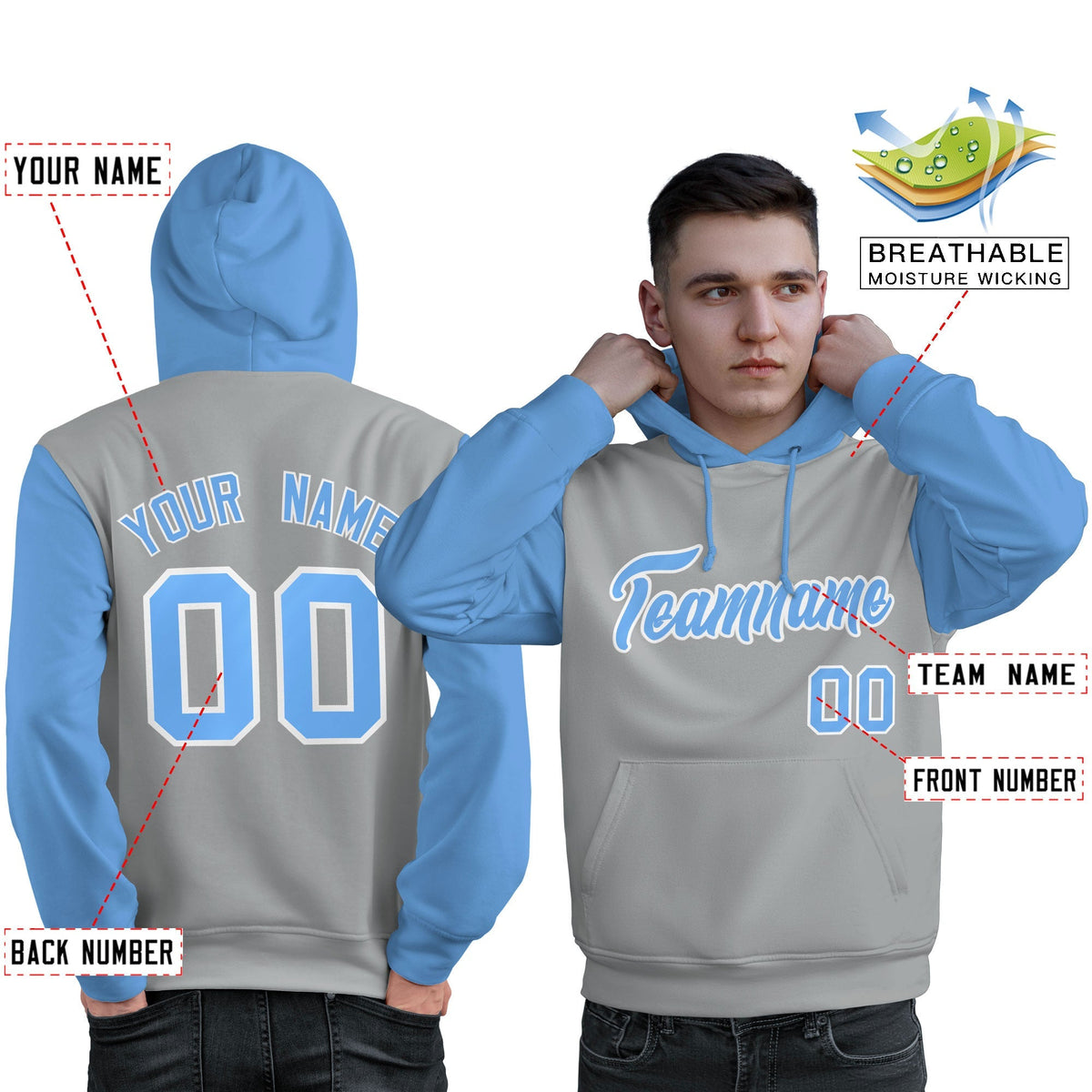 Custom Gray Light Blue-White Raglan Sleeves Pullover Personalized Sweatshirt Hoodie| KXKSHOP