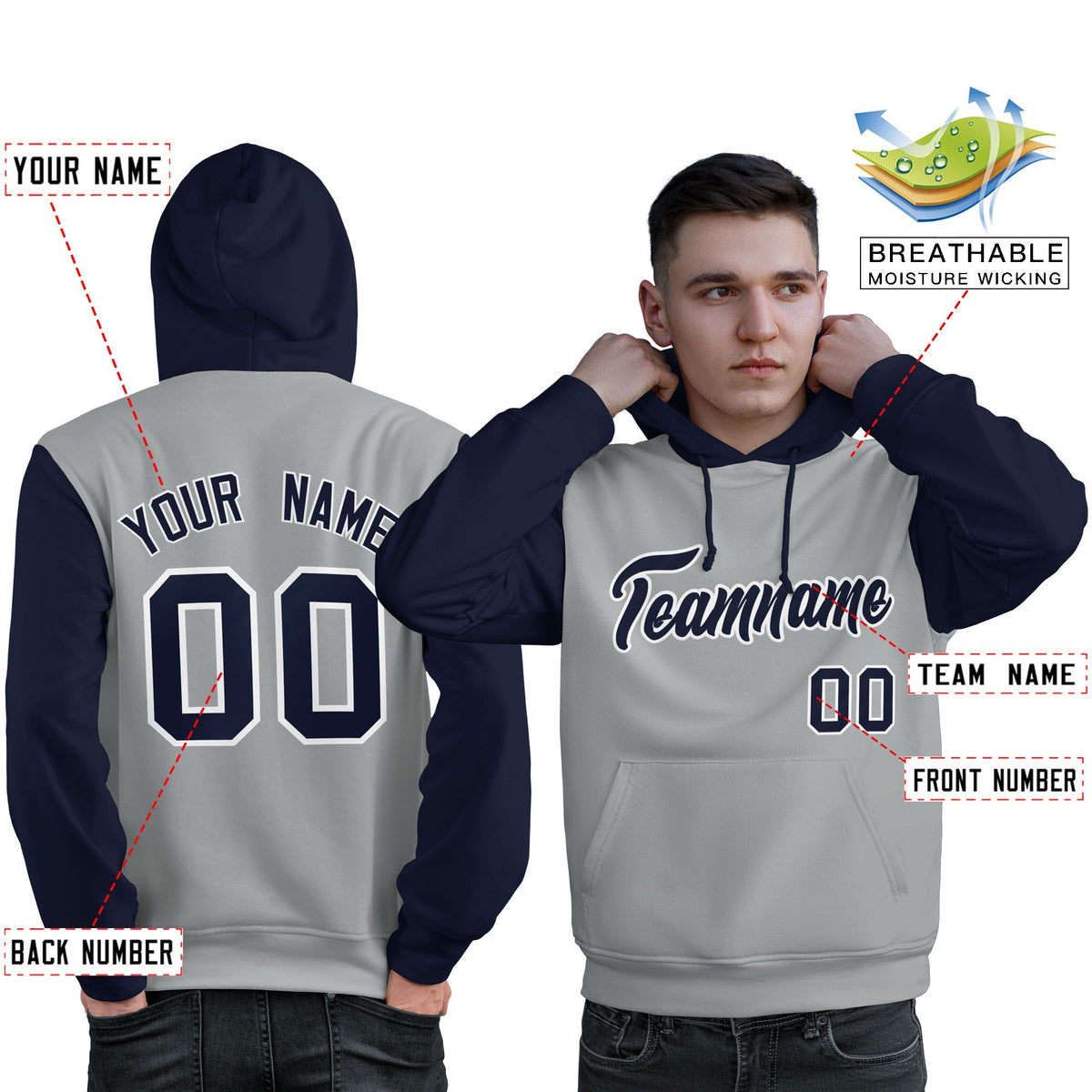 Custom Gray Navy-White Raglan Sleeves Pullover Personalized Sweatshirt Hoodie| KXKSHOP