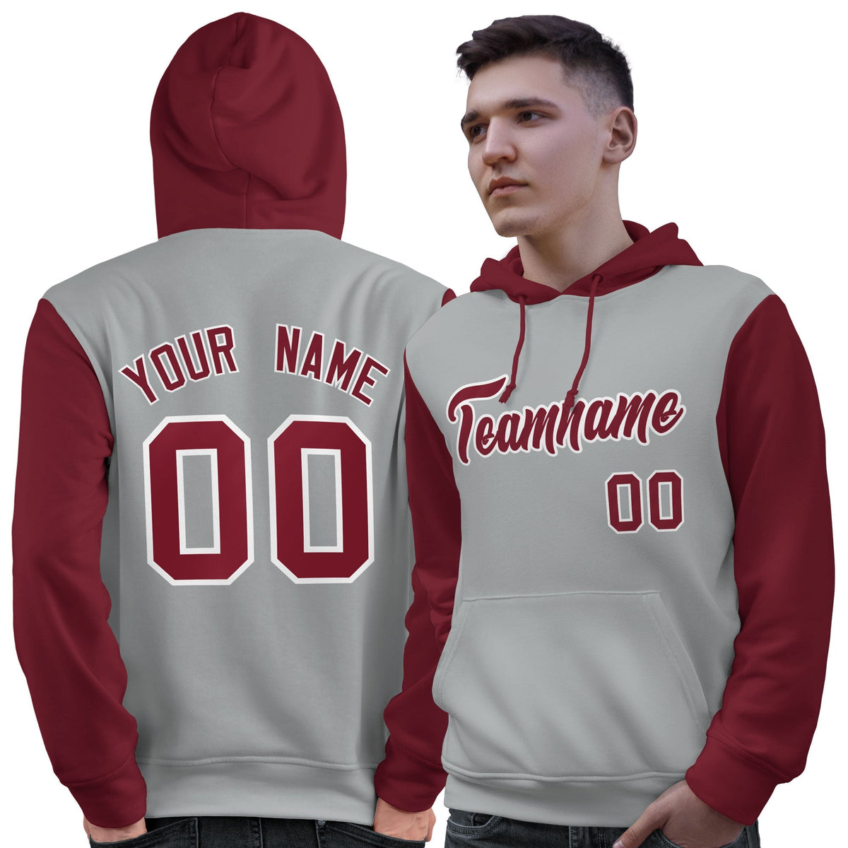 Custom Gray Crimson-White Raglan Sleeves Pullover Personalized Sweatshirt Hoodie| KXKSHOP