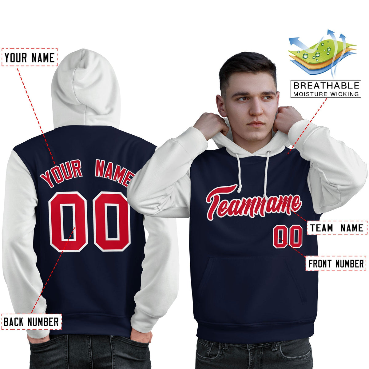 Custom Navy Red-White Raglan Sleeves Pullover Personalized Sweatshirt Hoodie| KXKSHOP