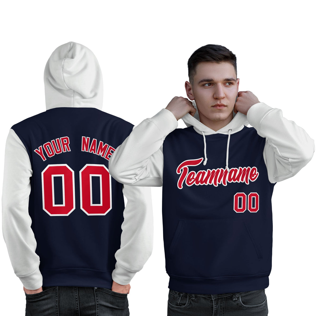 Custom Navy Red-White Raglan Sleeves Pullover Personalized Sweatshirt Hoodie| KXKSHOP
