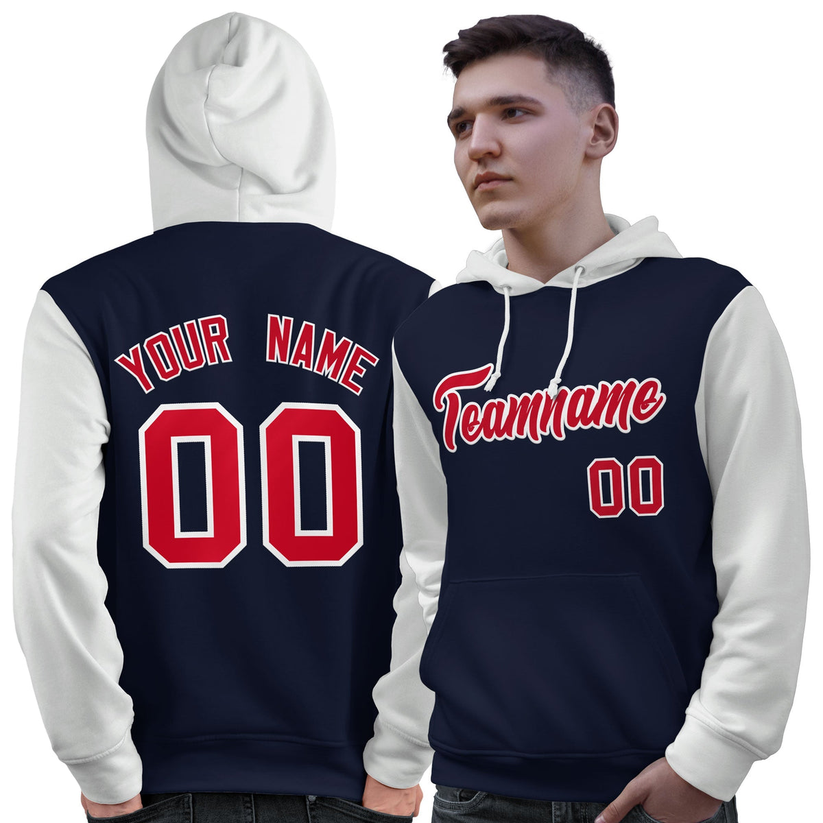 Custom Navy Red-White Raglan Sleeves Pullover Personalized Sweatshirt Hoodie| KXKSHOP