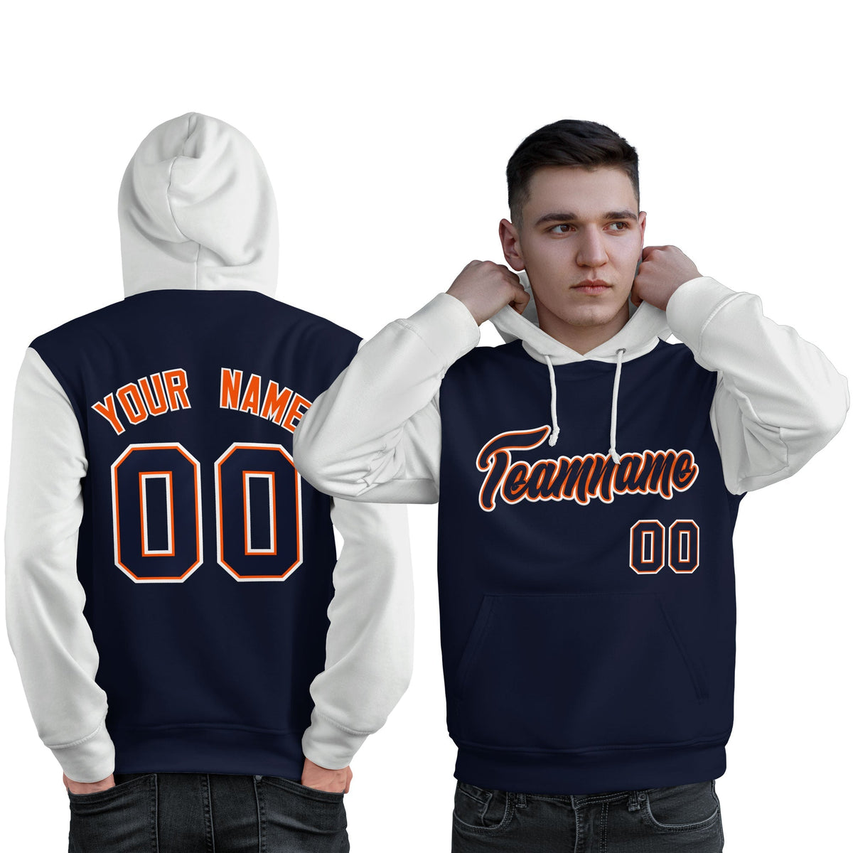 Custom Navy Orange-White Raglan Sleeves Pullover Personalized Sweatshirt Hoodie| KXKSHOP