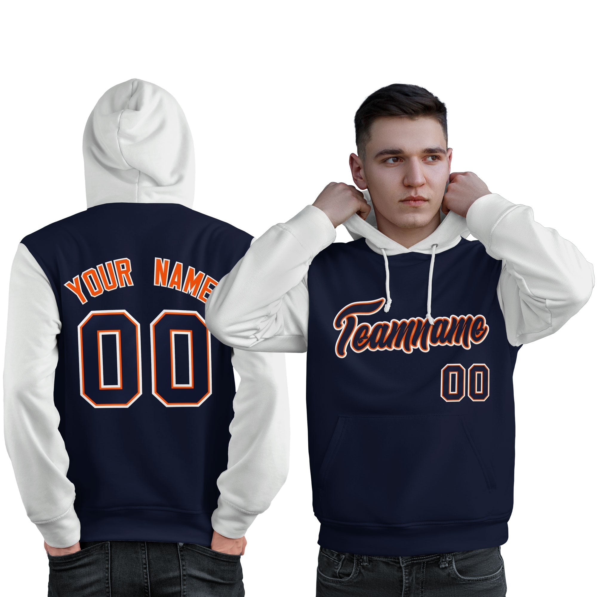 Custom Navy Orange-White Raglan Sleeves Pullover Personalized Sweatshirt Hoodie| KXKSHOP