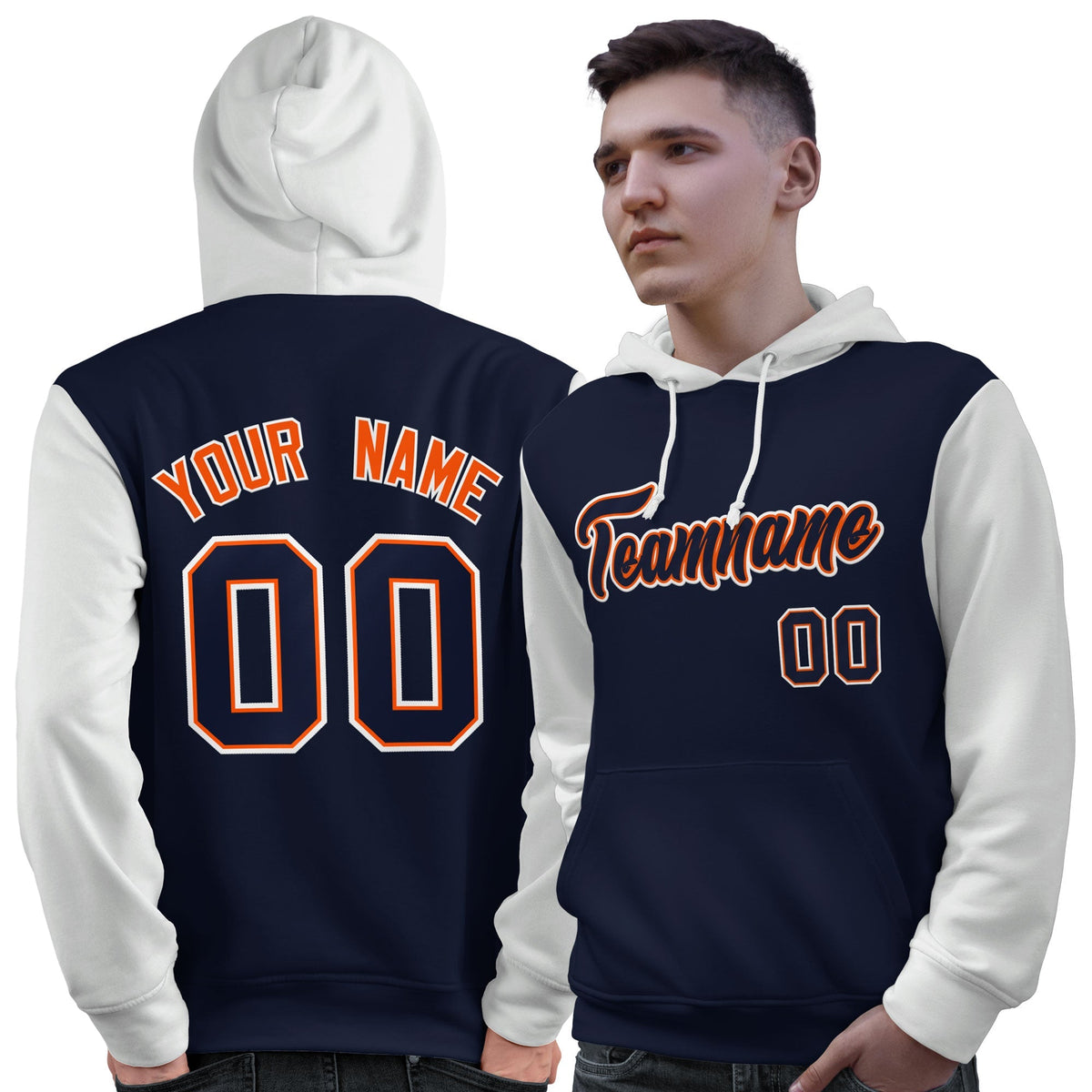 Custom Navy Orange-White Raglan Sleeves Pullover Personalized Sweatshirt Hoodie| KXKSHOP