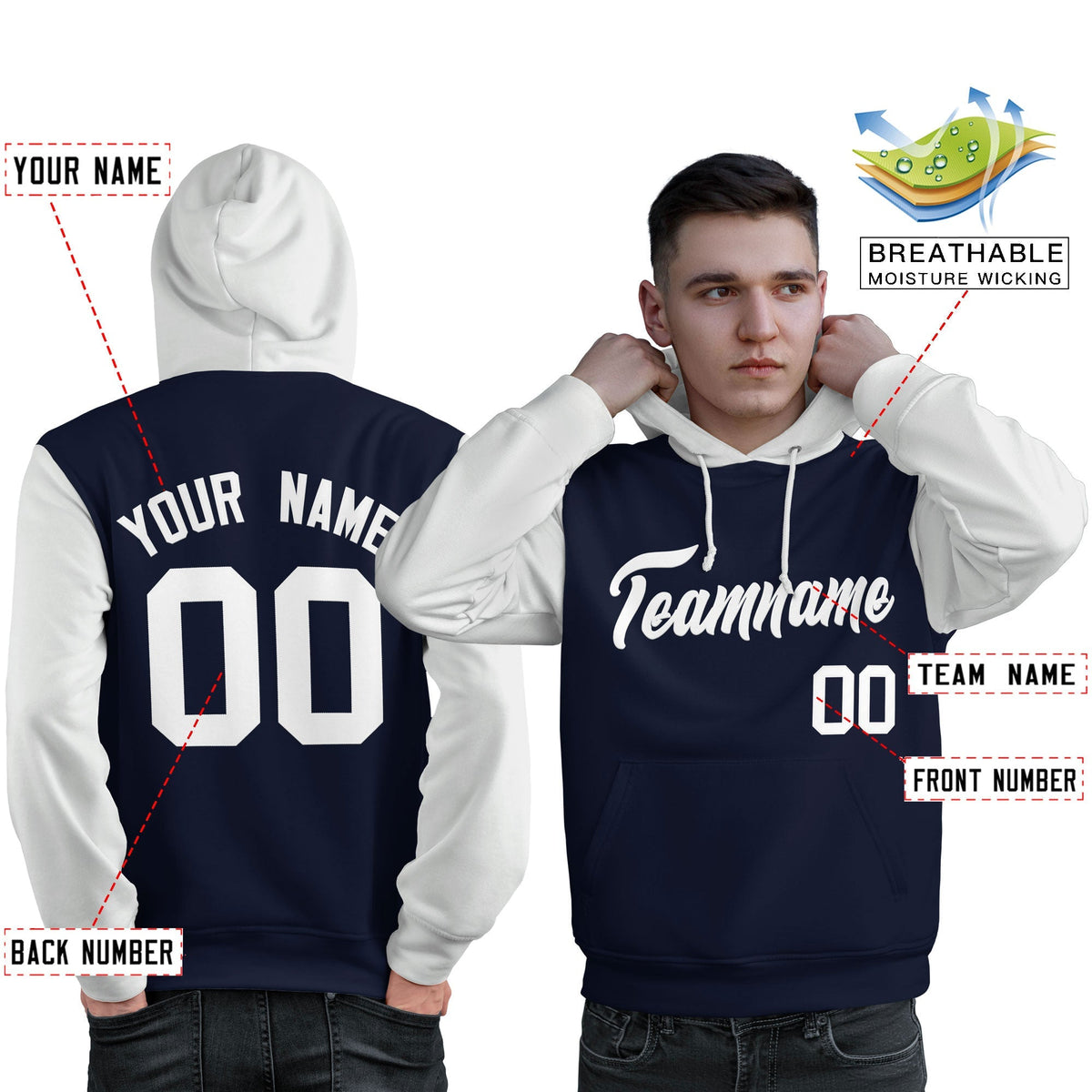 Custom Navy White Raglan Sleeves Pullover Personalized Sweatshirt Hoodie| KXKSHOP