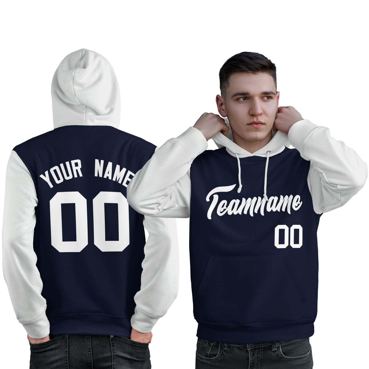 Custom Navy White Raglan Sleeves Pullover Personalized Sweatshirt Hoodie| KXKSHOP