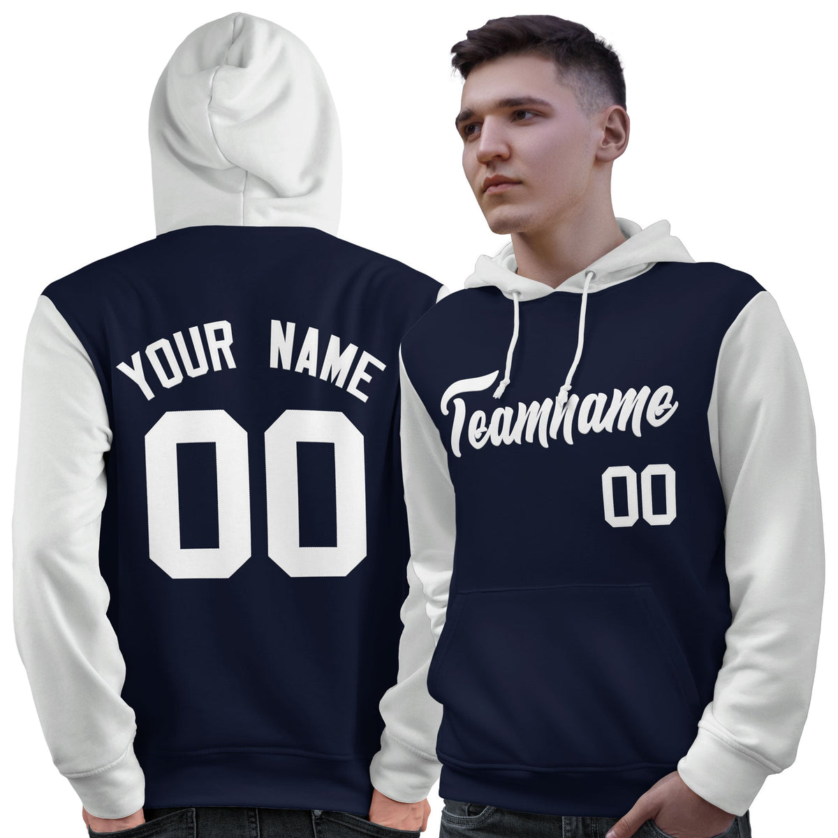 Custom Navy White Raglan Sleeves Pullover Personalized Sweatshirt Hoodie| KXKSHOP