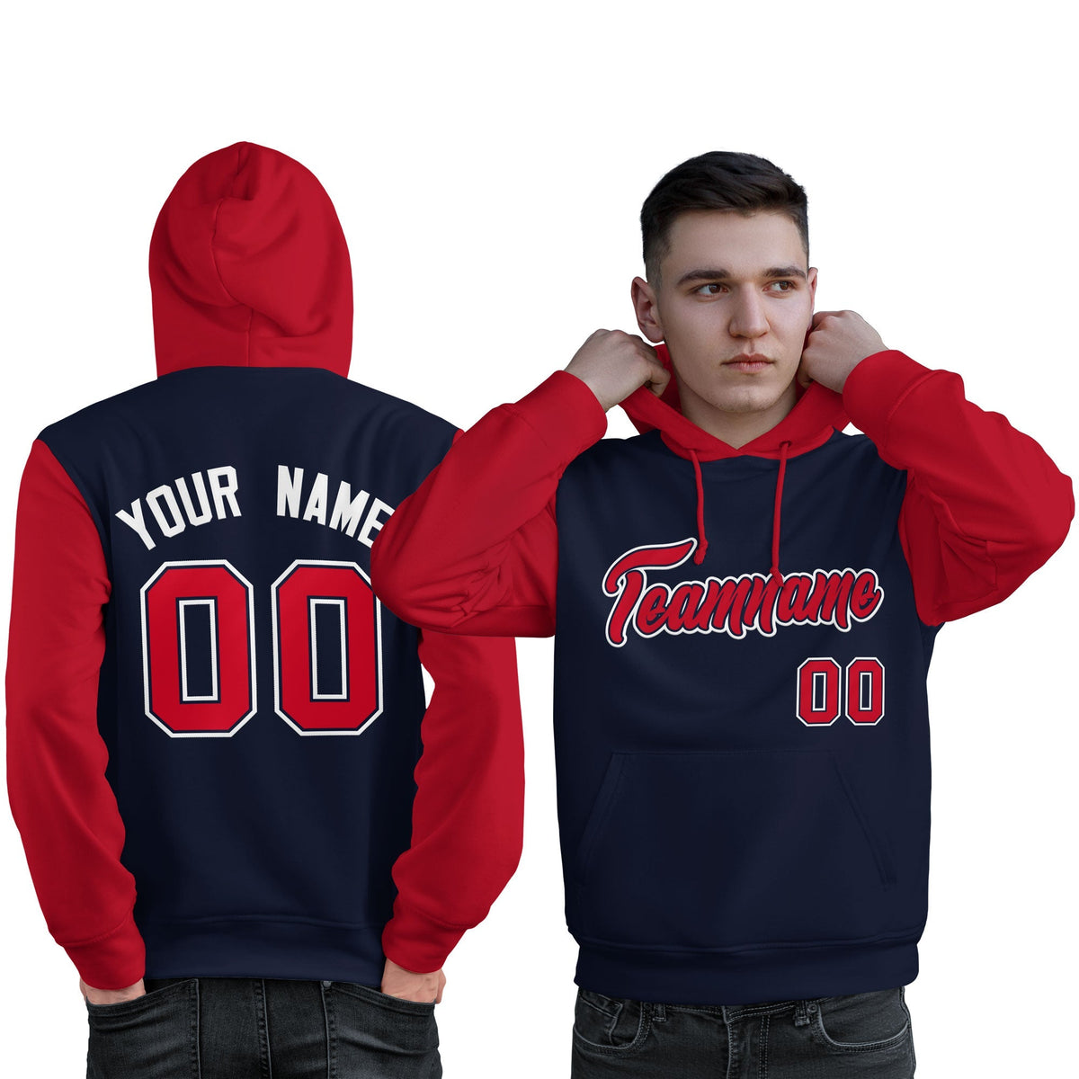 Custom Navy Red-White Raglan Sleeves Pullover Personalized Sweatshirt Hoodie| KXKSHOP