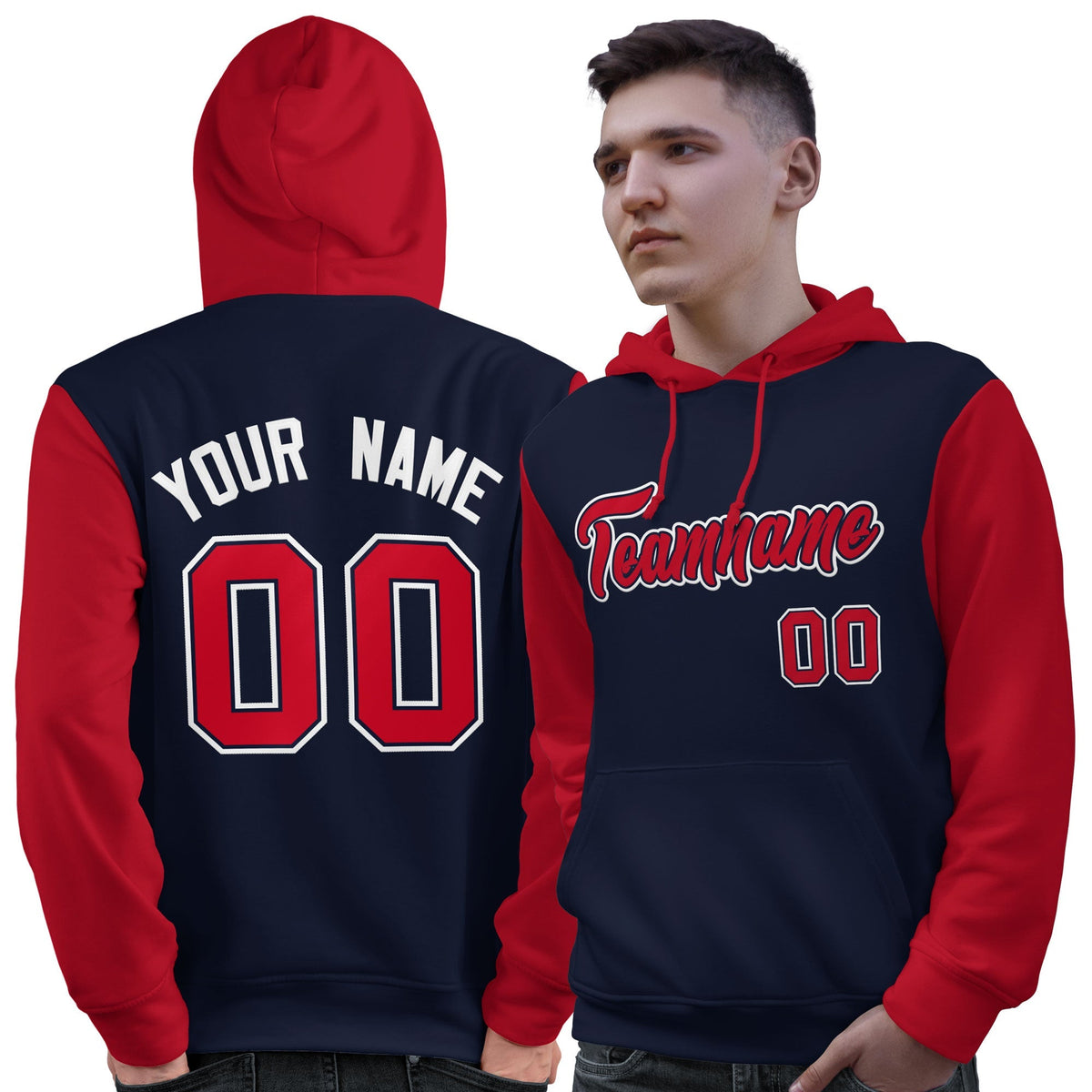 Custom Navy Red-White Raglan Sleeves Pullover Personalized Sweatshirt Hoodie| KXKSHOP